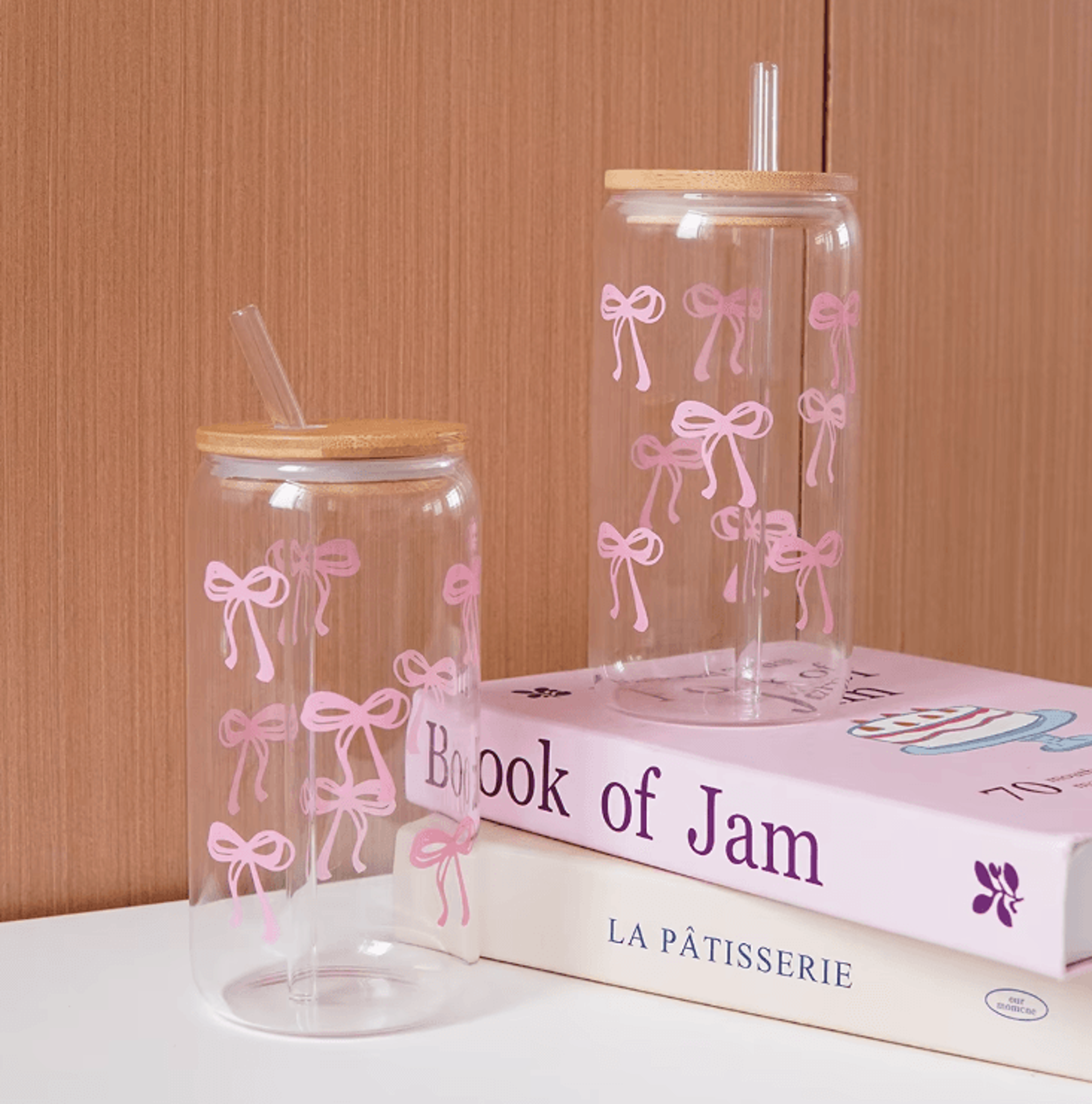 bow glass cup with lid and straw – aesthetic cute drinking tumbler for coffee & milk