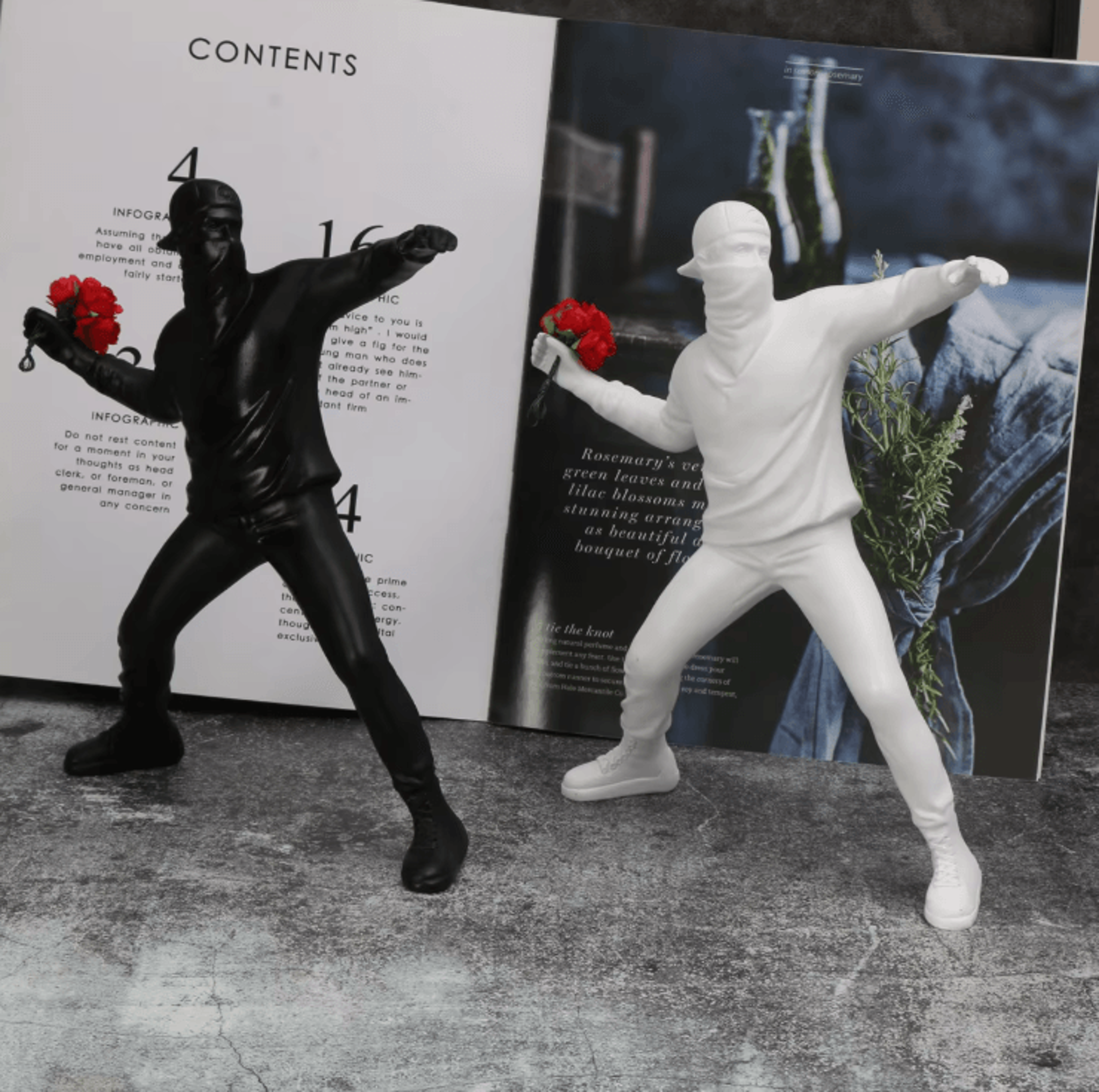 banksy flower thrower resin statue – modern street art sculpture for home & desk decor