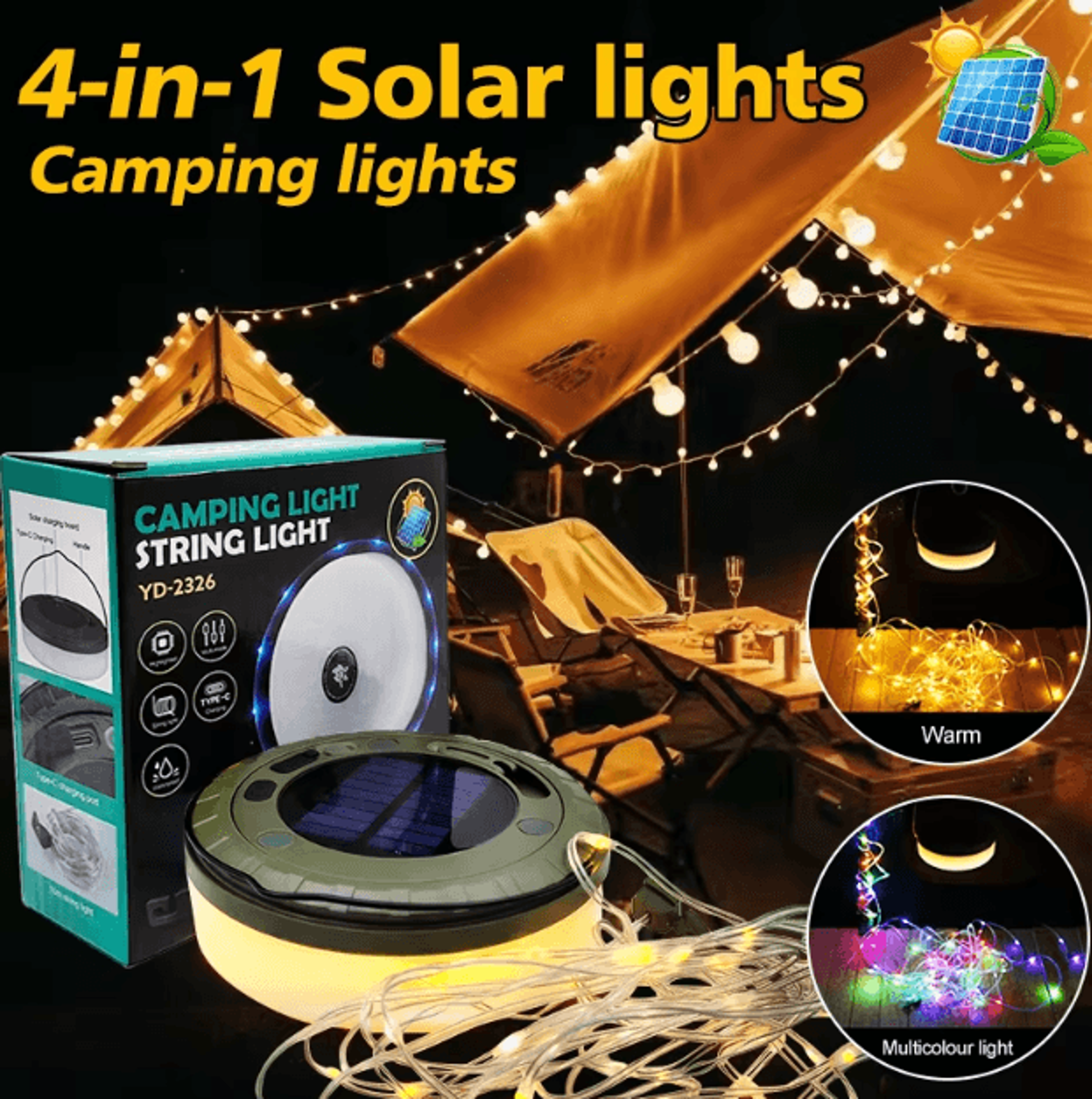 solar camping string lights – 10m rgb outdoor tent light with hook