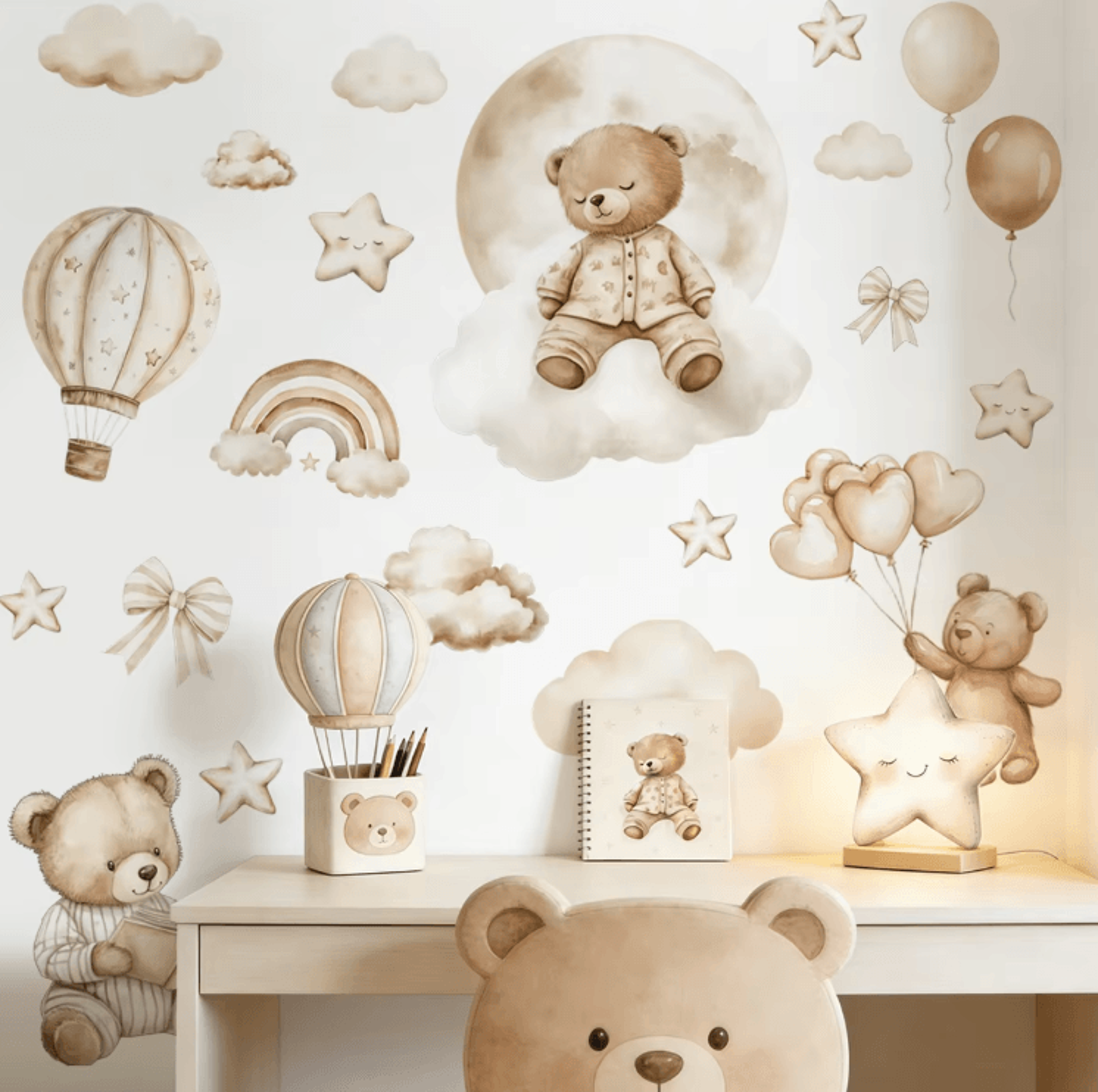 boho teddy bear balloon wall stickers – watercolor nursery wall decals for kids room decor