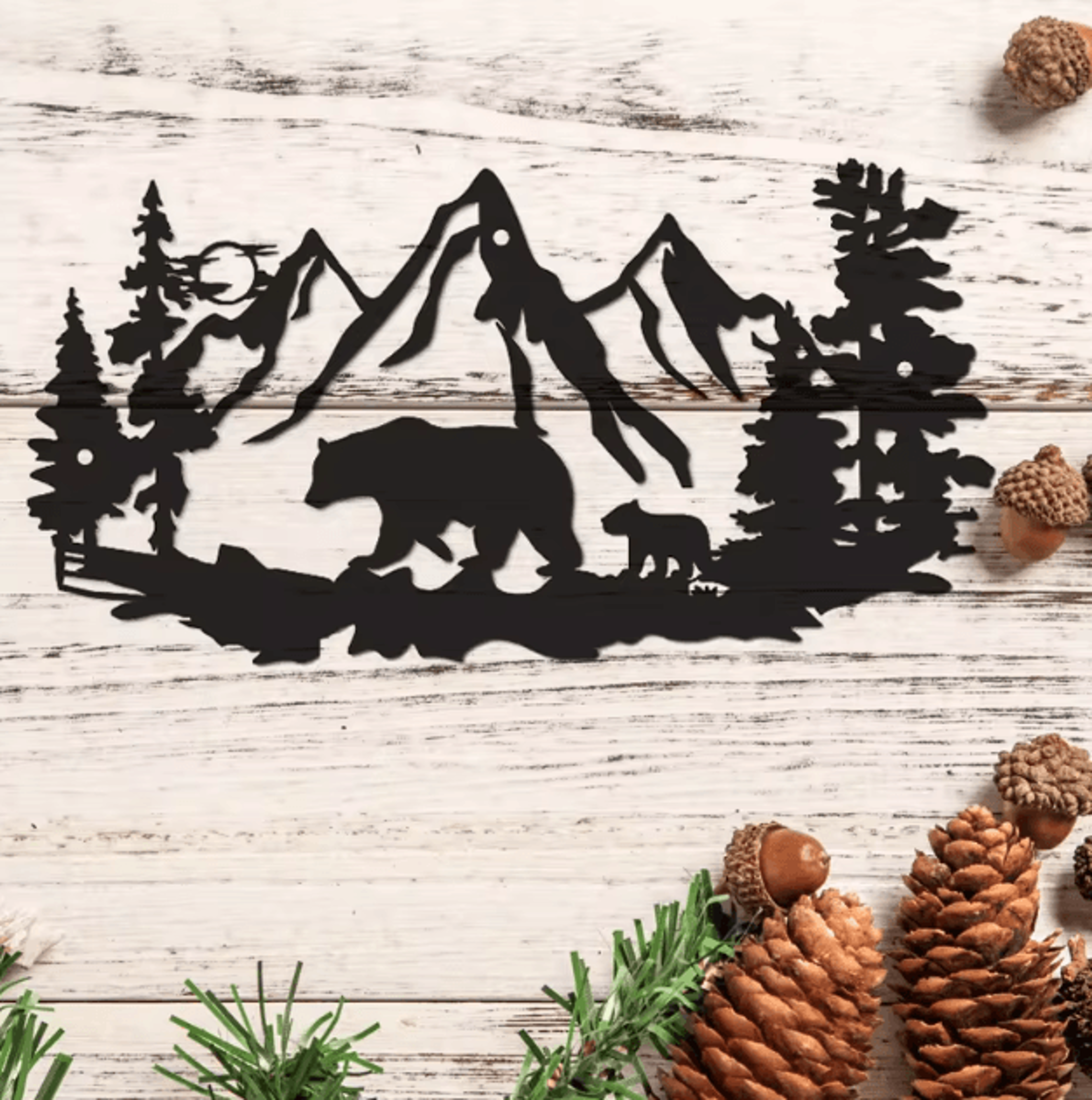 rustic metal bear wall decor with pine trees – cabin lodge wildlife art