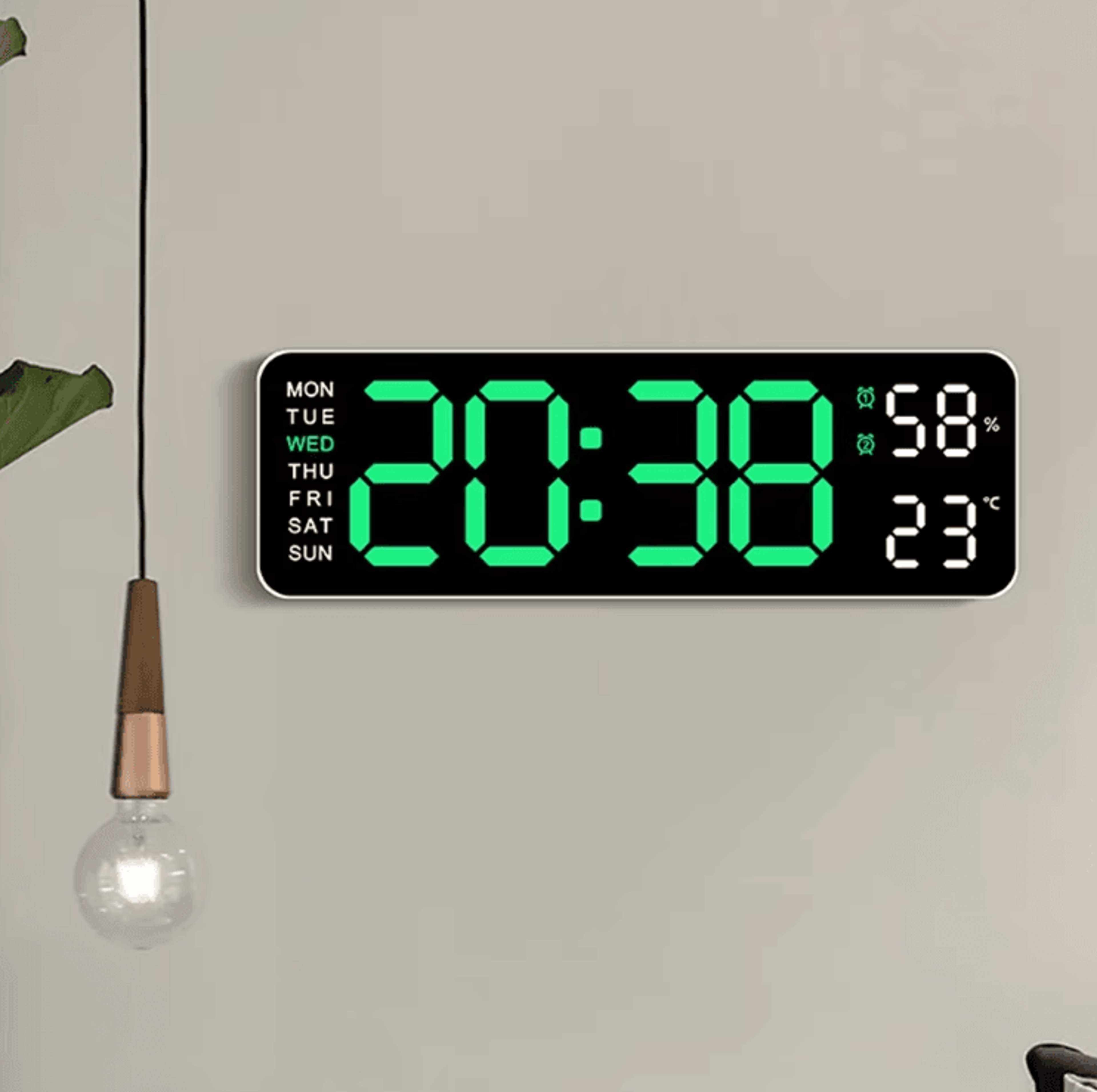 large led digital wall clock with temperature, humidity & adjustable brightness display