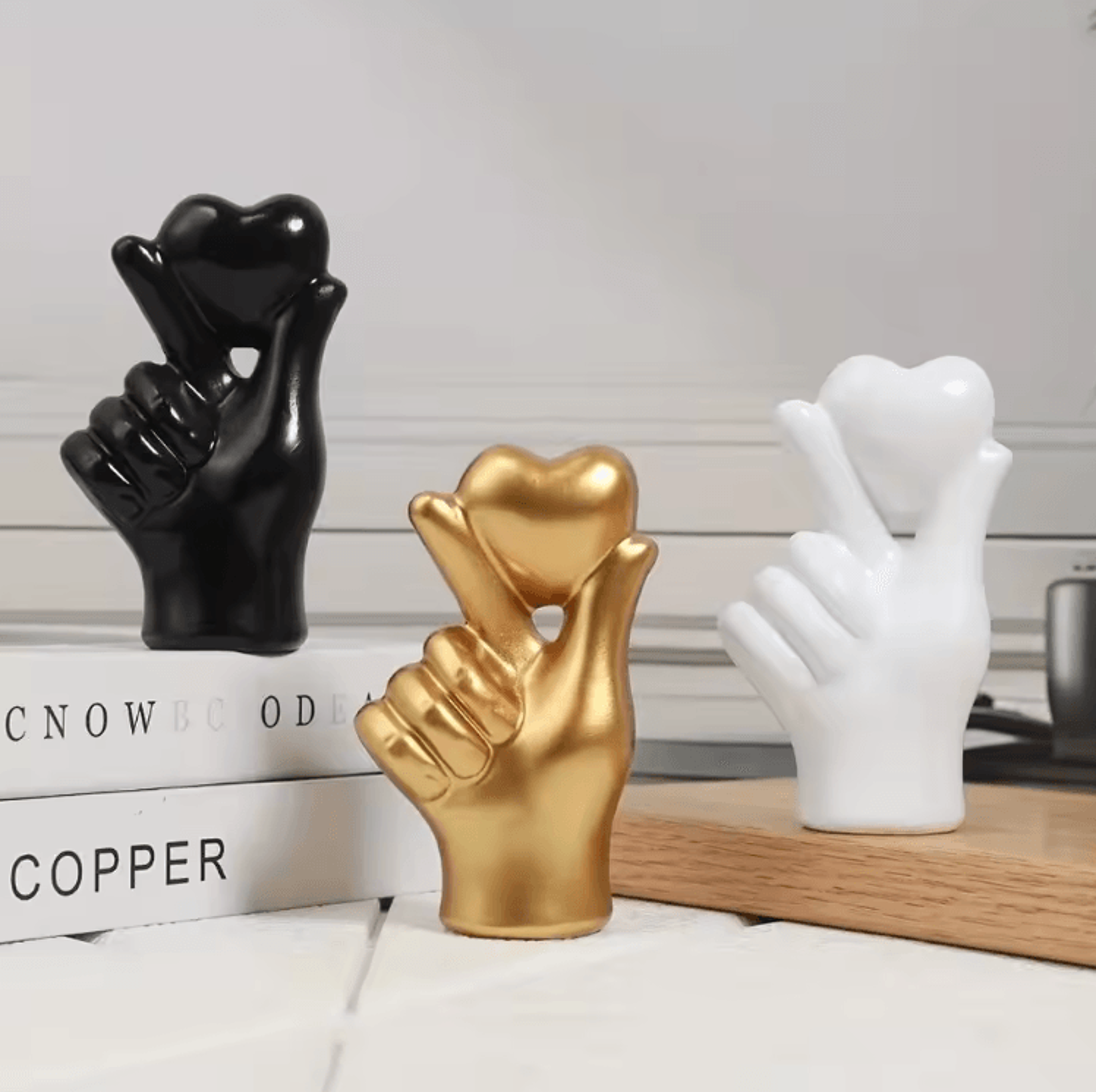 modern resin love gesture ornament – minimalist heart hand sculpture decor