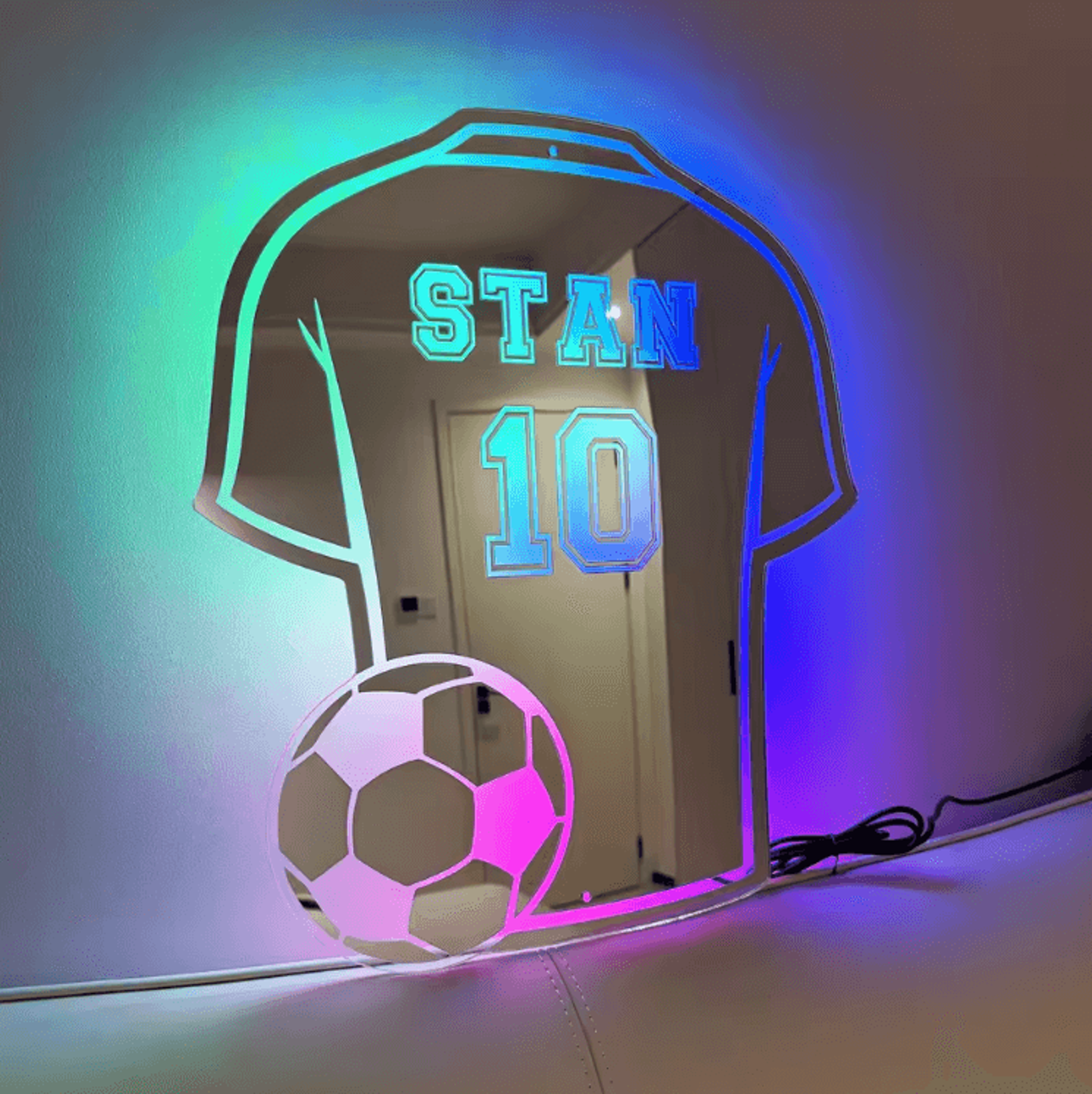 custom football shirt led mirror – personalized name & number light decor