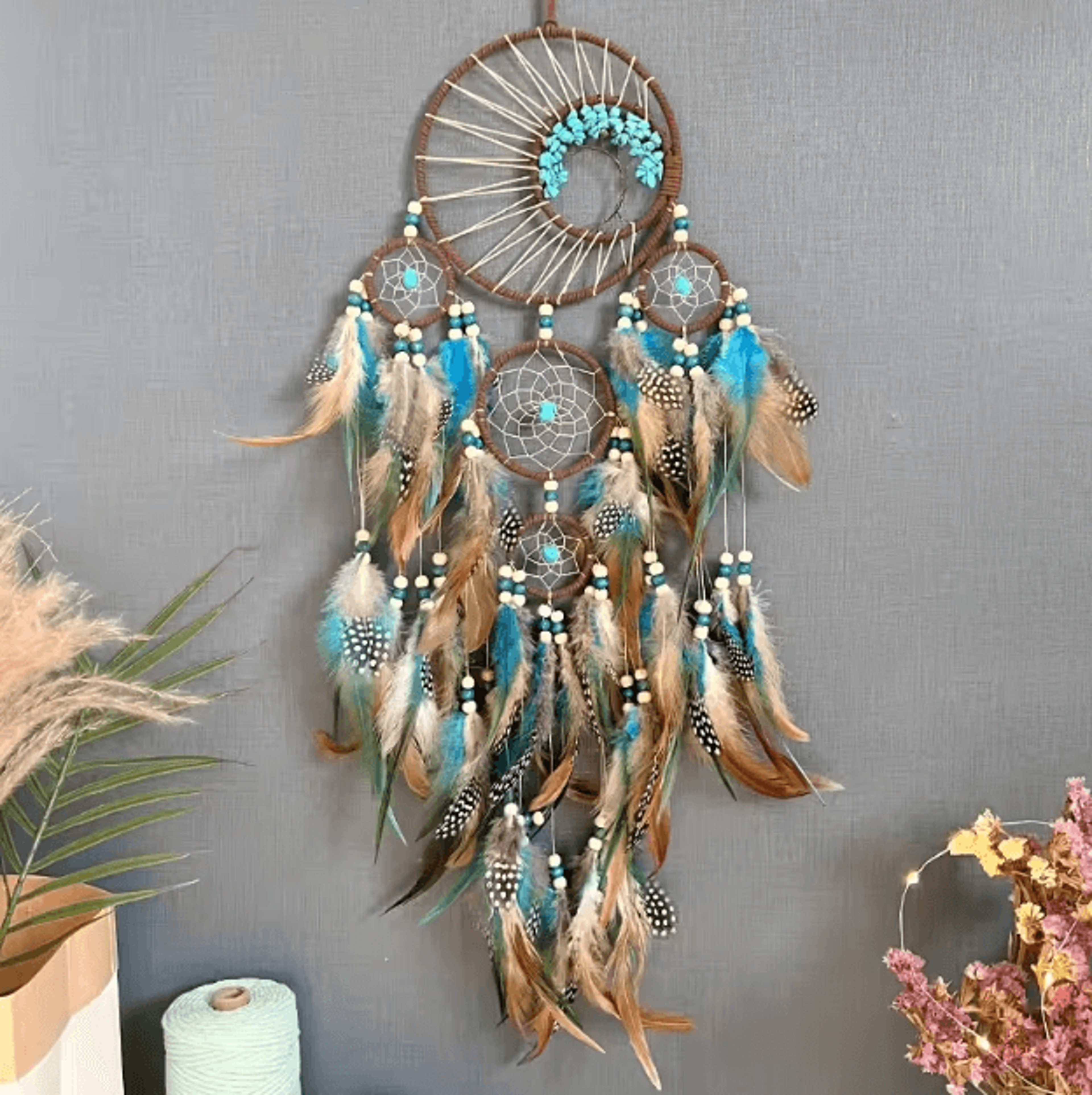 vintage tree of life dream catcher wind chime – boho hanging decor with natural stones