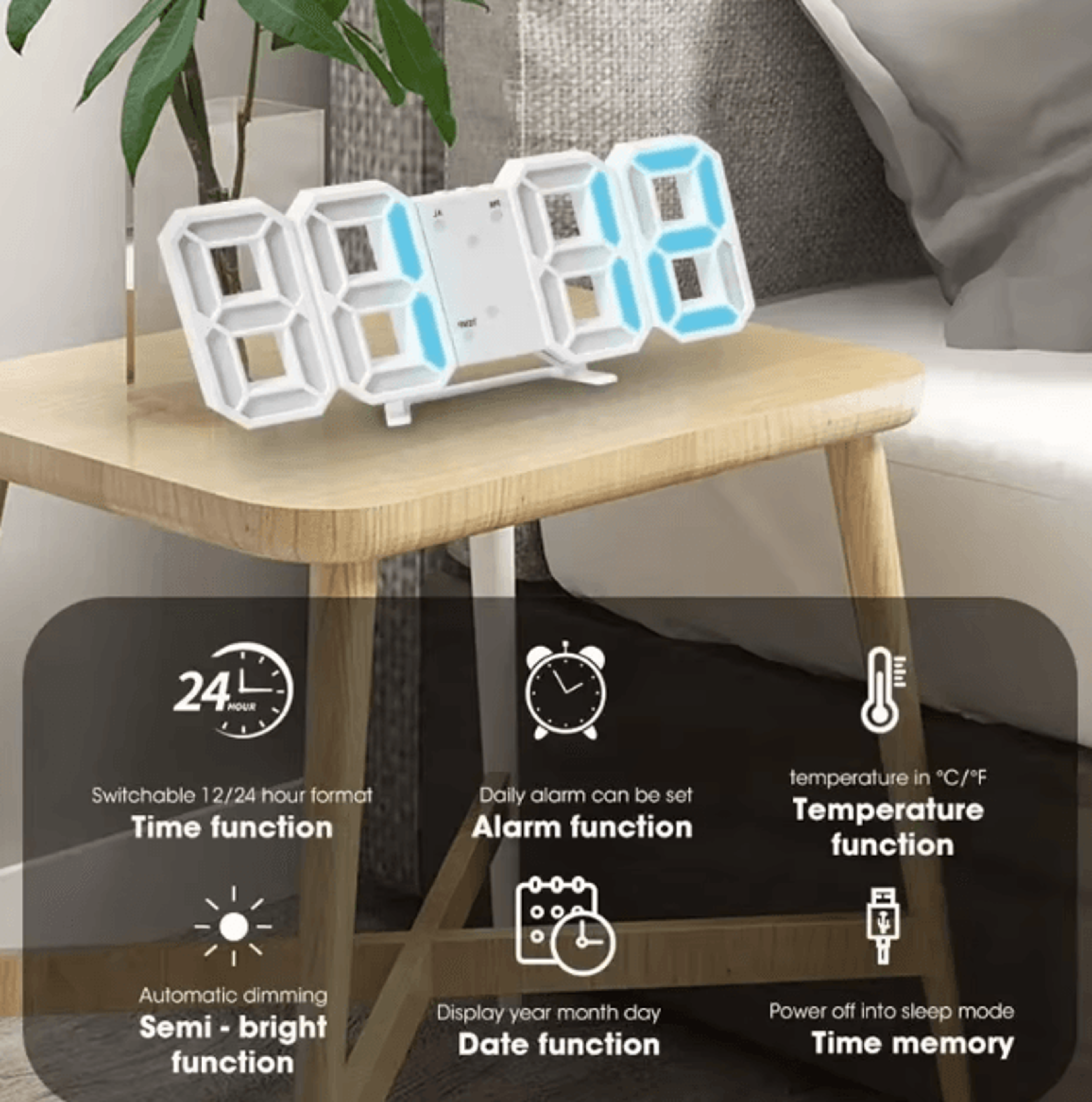 3d led digital wall clock with alarm time date temperature display for home & office