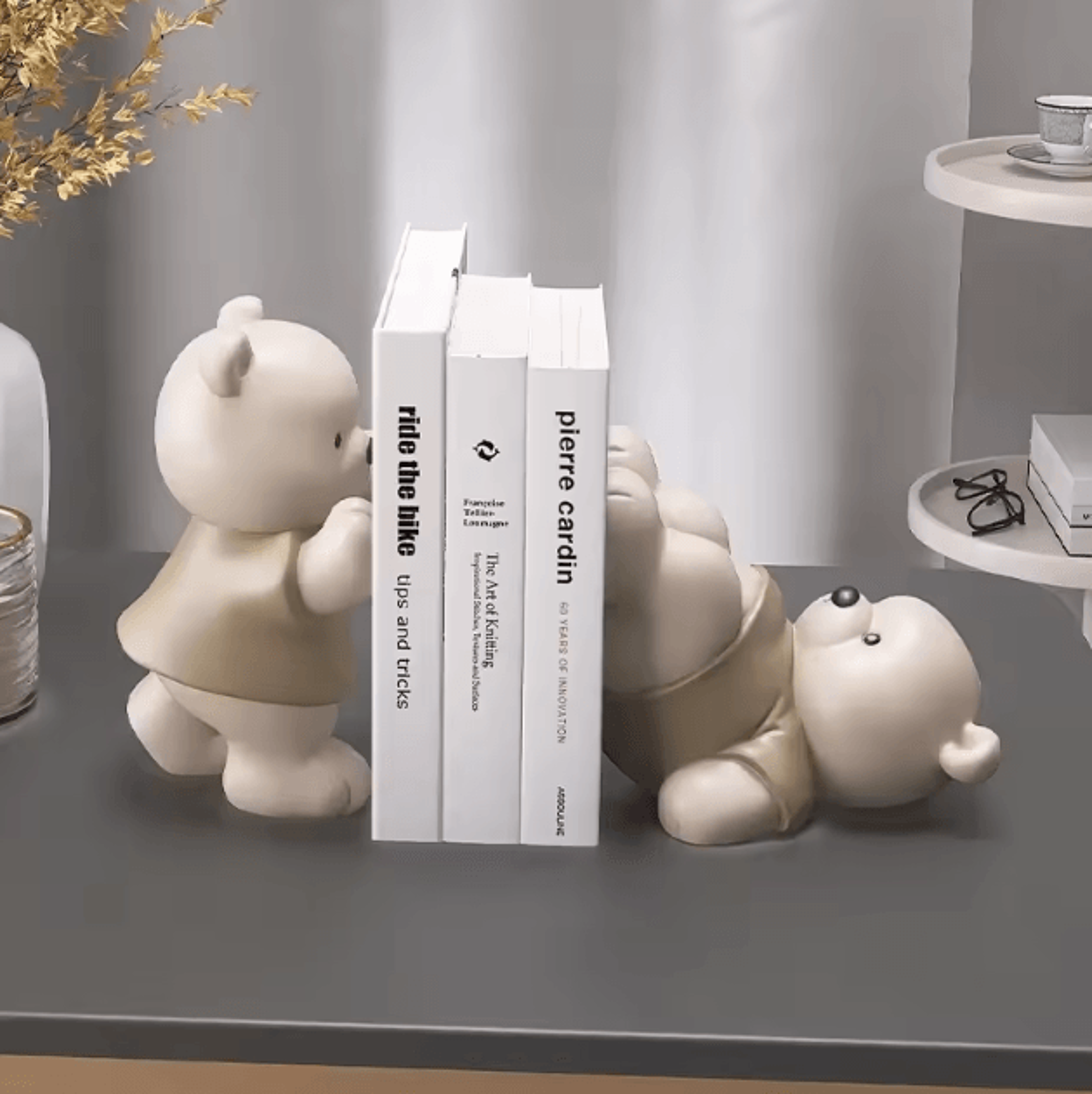 cute bear bookend decor – cream resin figurine for stylish home & shelf display