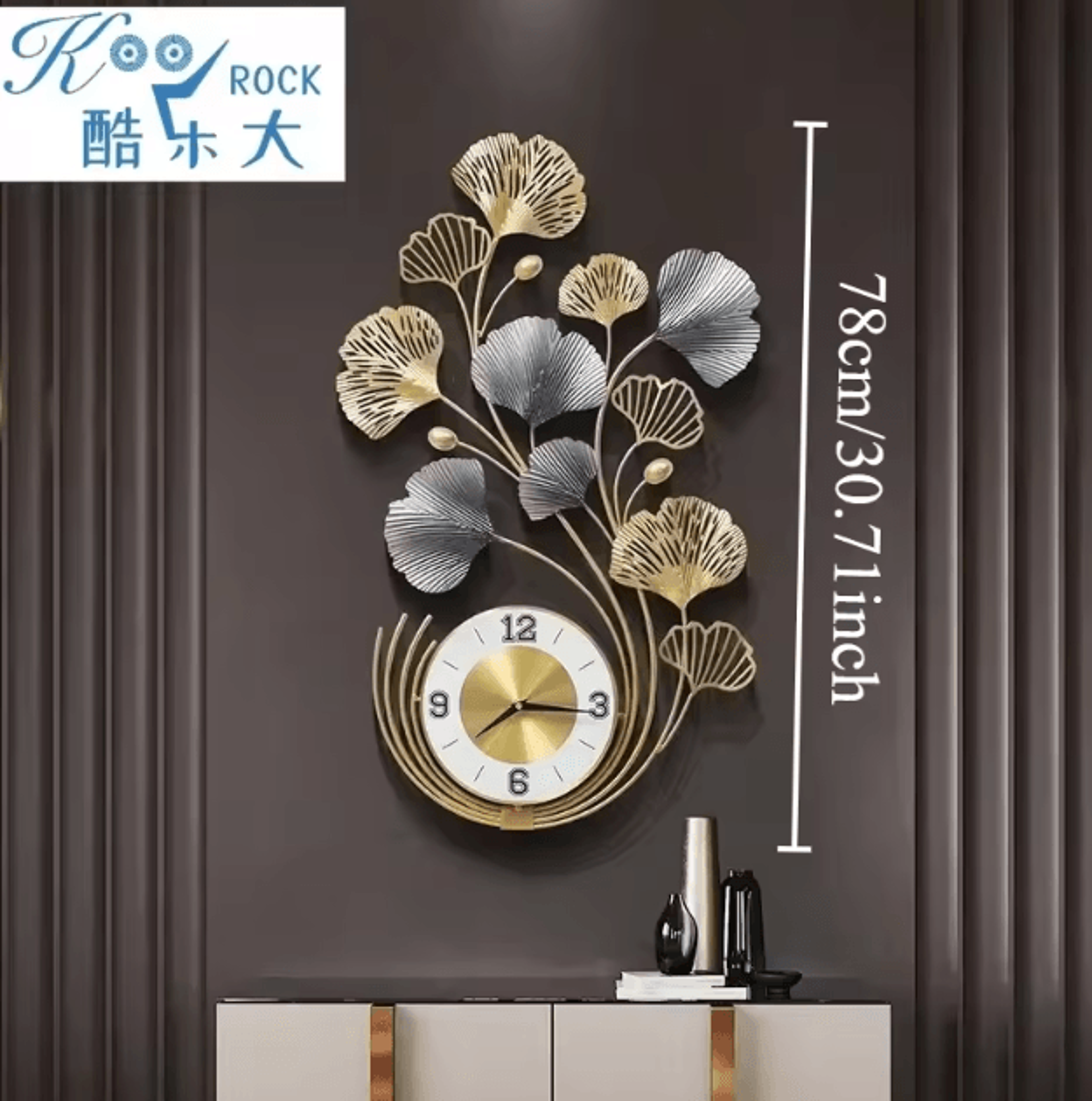 large ginkgo leaf wall clock – silent metal art decor for living room & home
