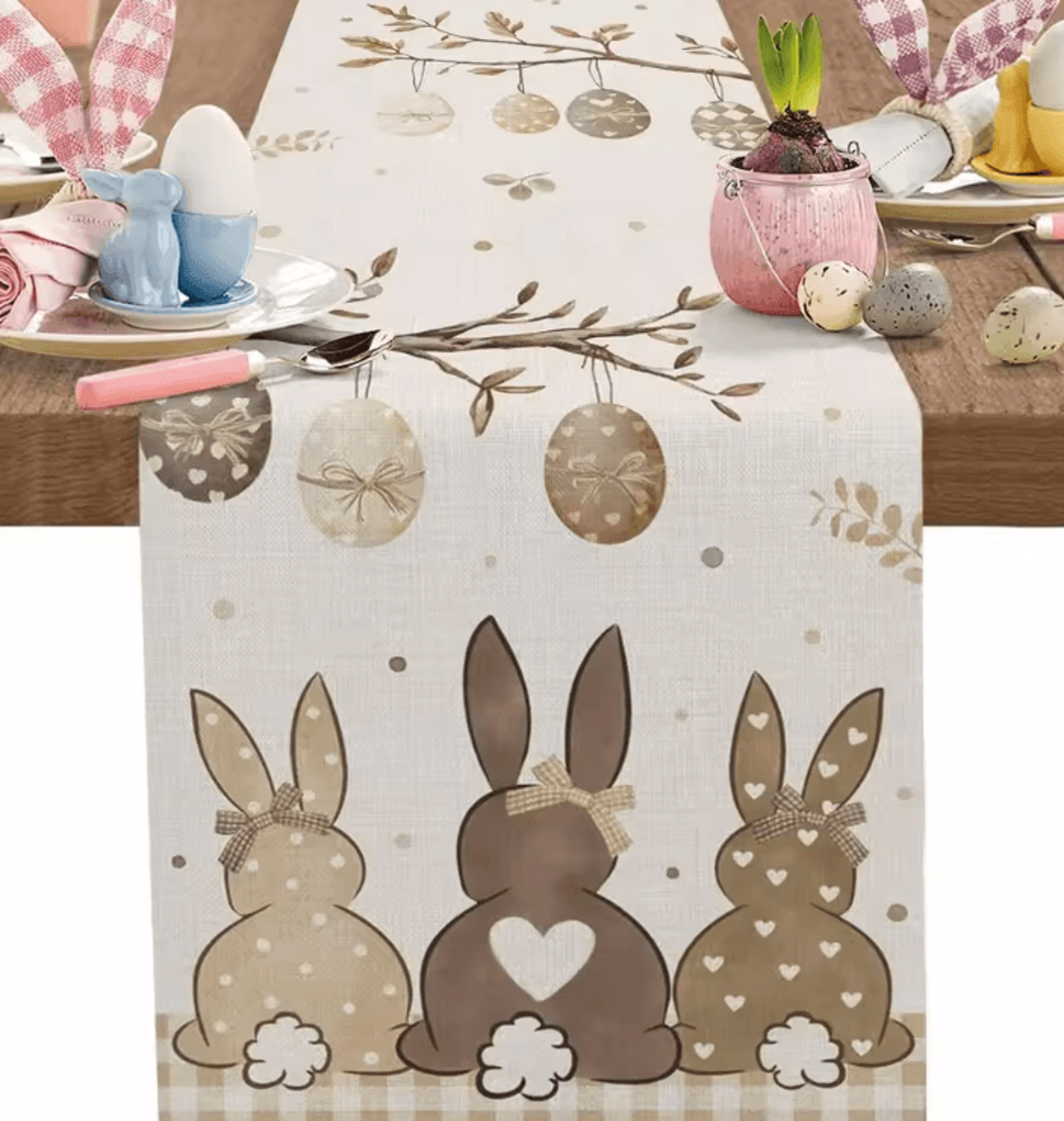 easter bunny linen table runner – spring farmhouse dining decor with egg & floral design