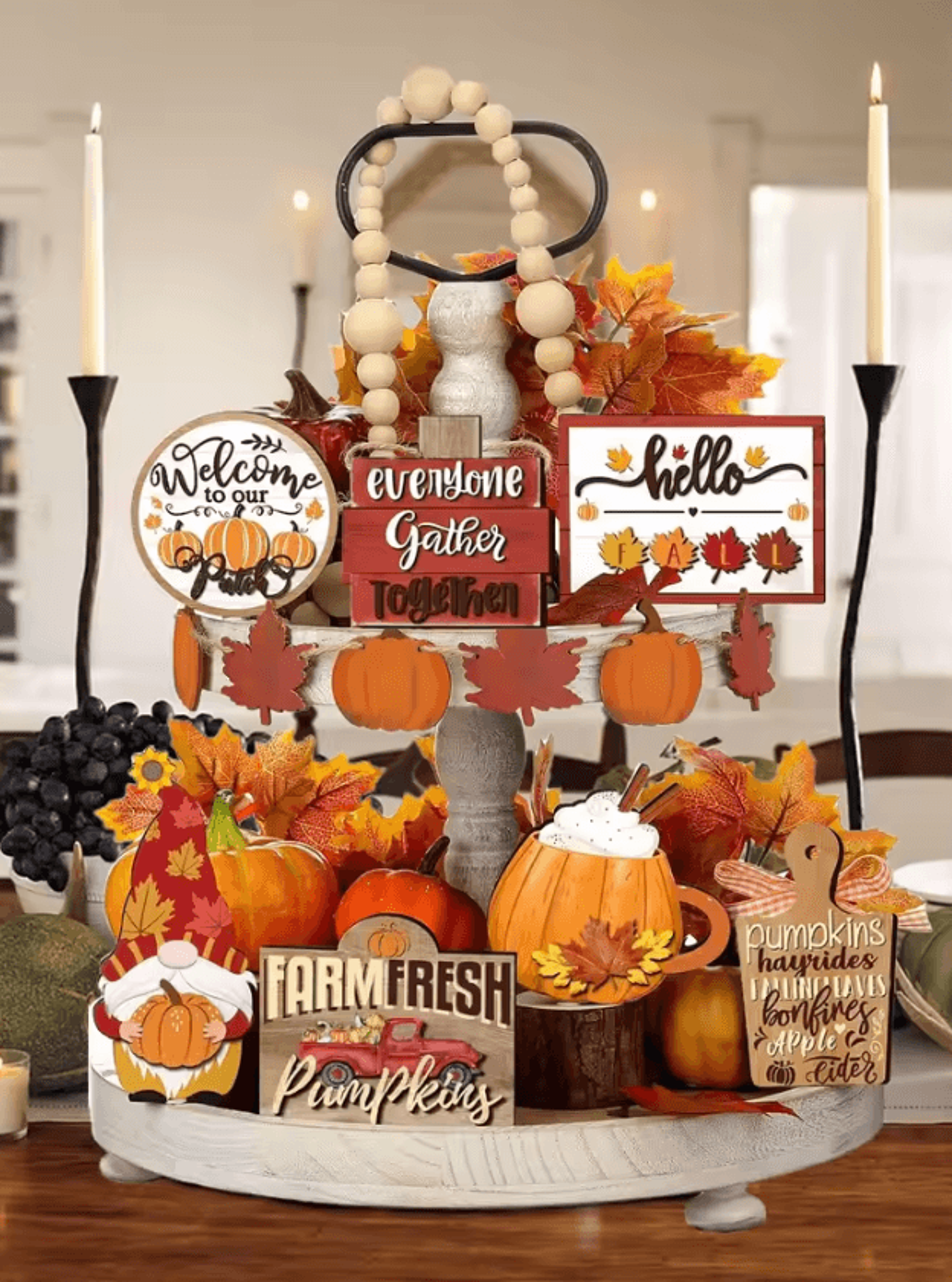 fall harvest tiered tray decor set – farmhouse pumpkin & maple leaf wooden centerpieces