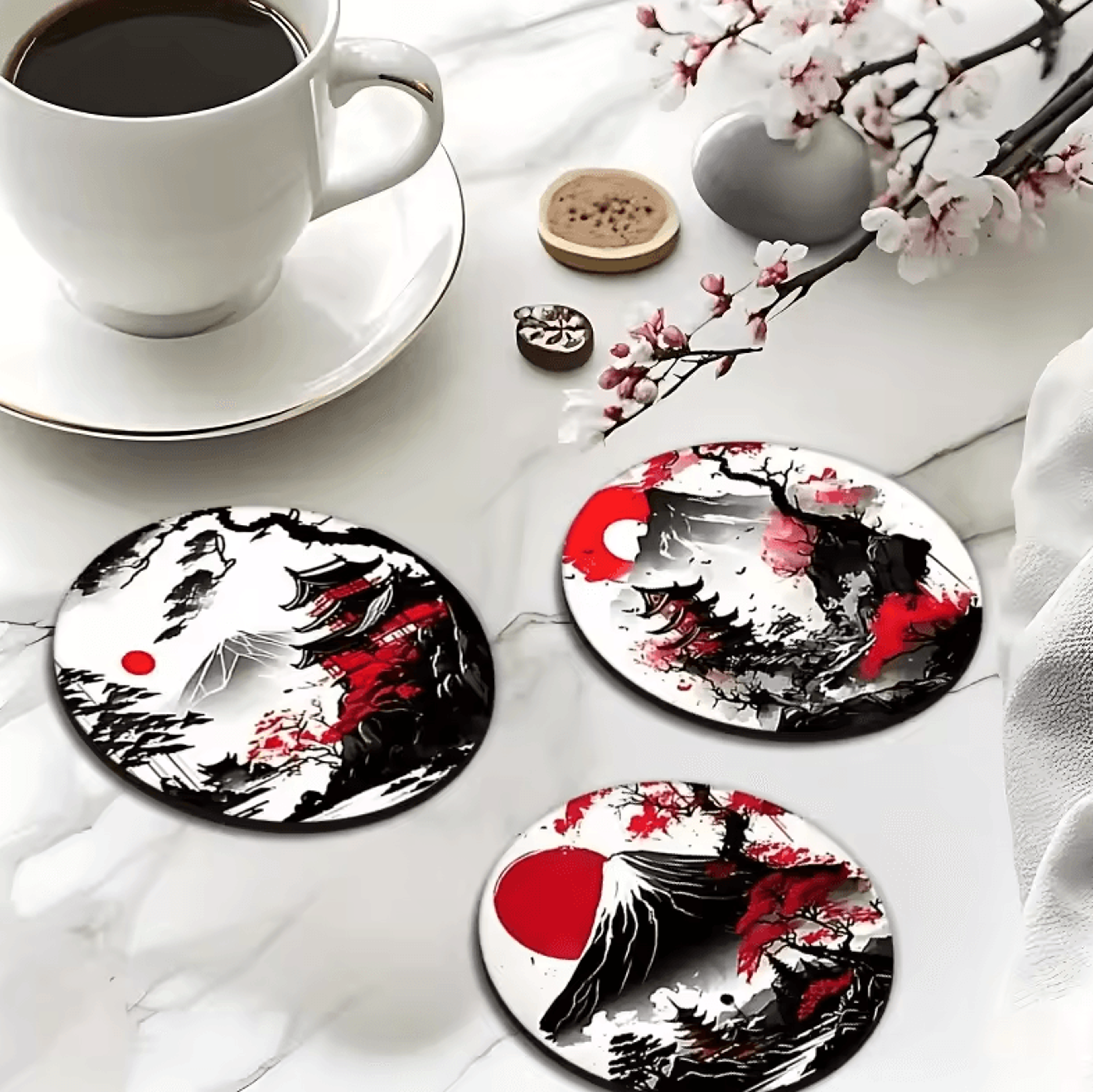 6-piece japanese wooden coaster set – non-slip heatproof drink coasters