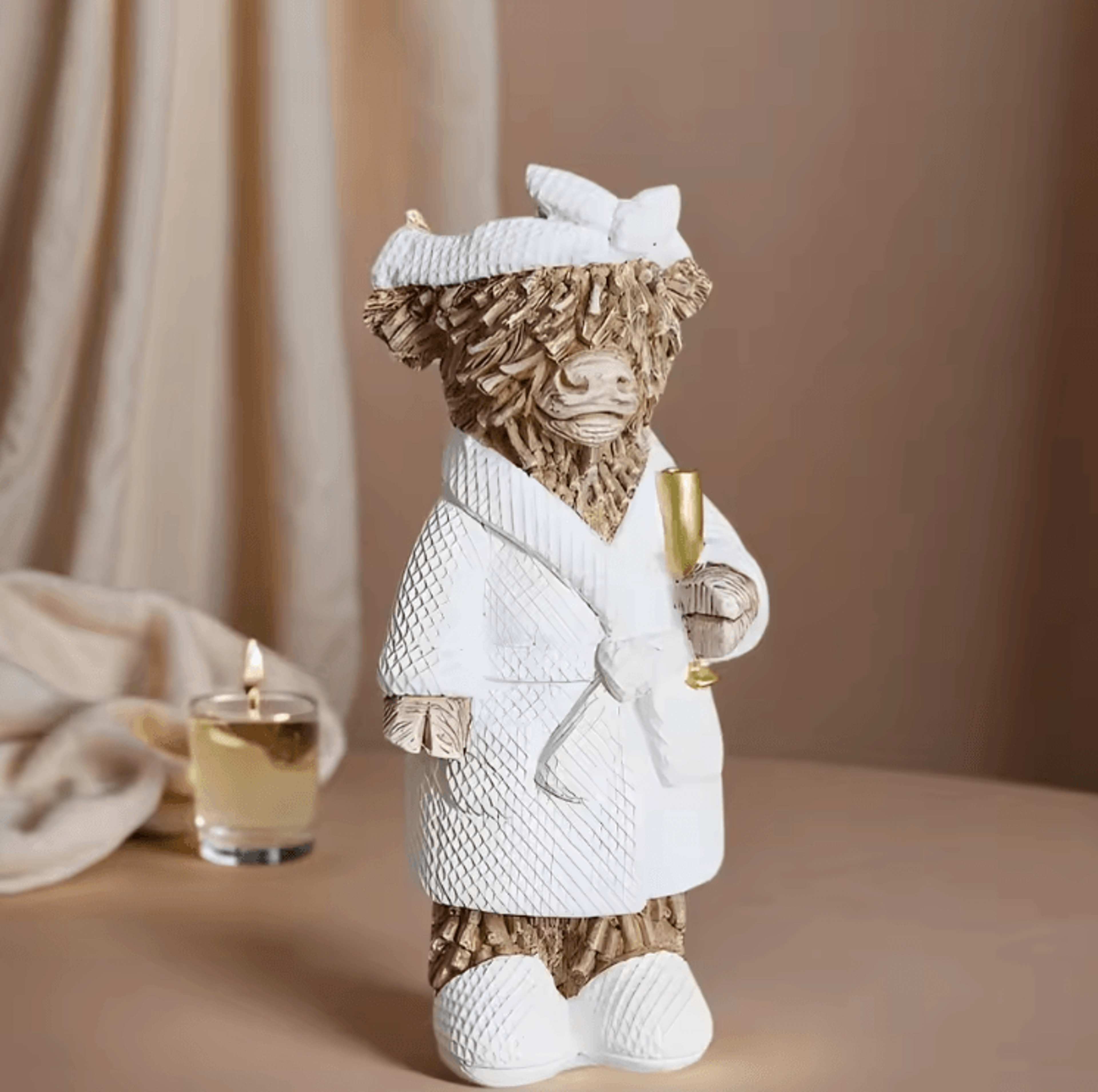 funny highland cow champagne statue – rustic farmhouse resin tabletop decor