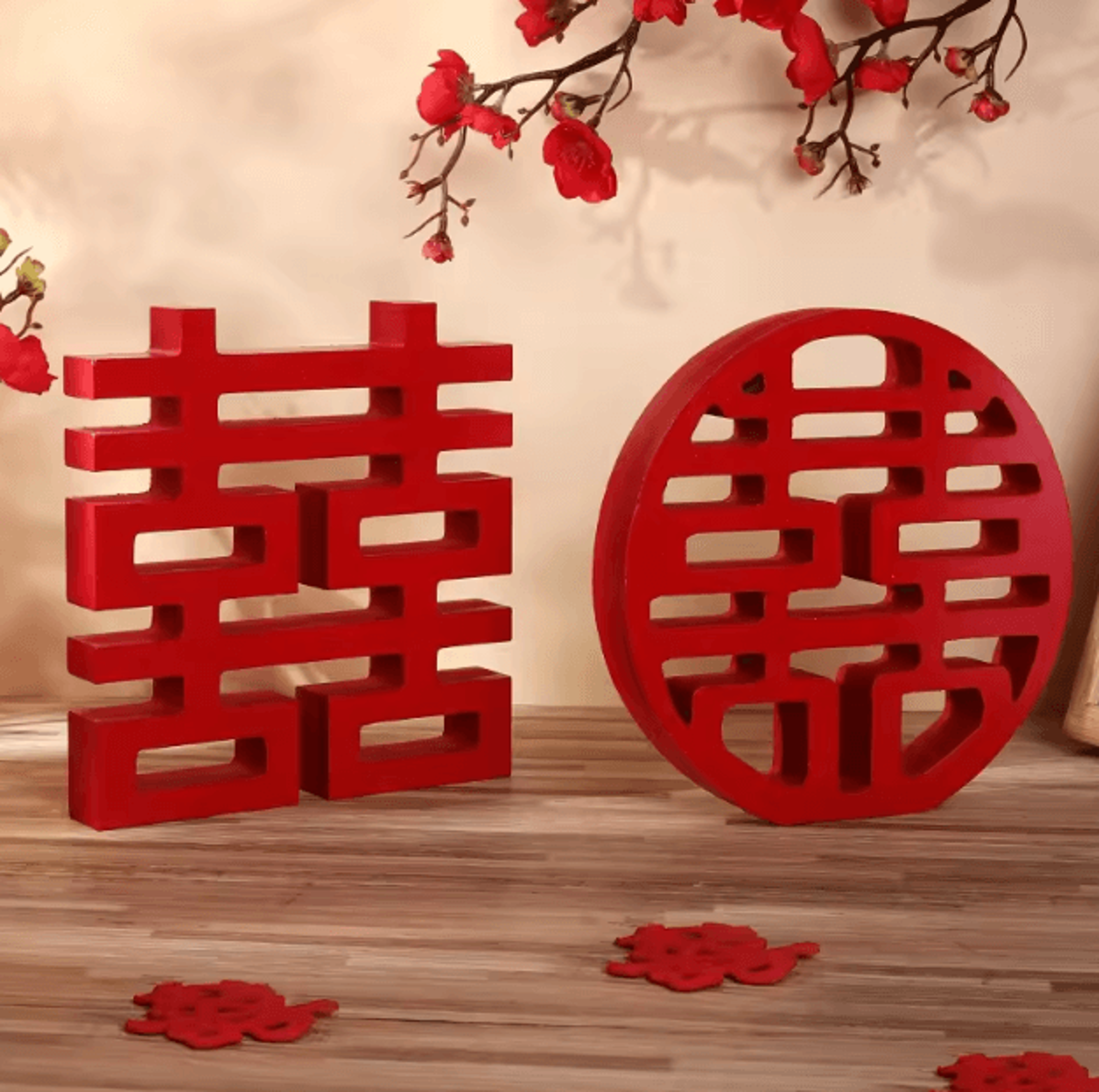 traditional double happiness wood decor red chinese wedding wall ornament xi symbol