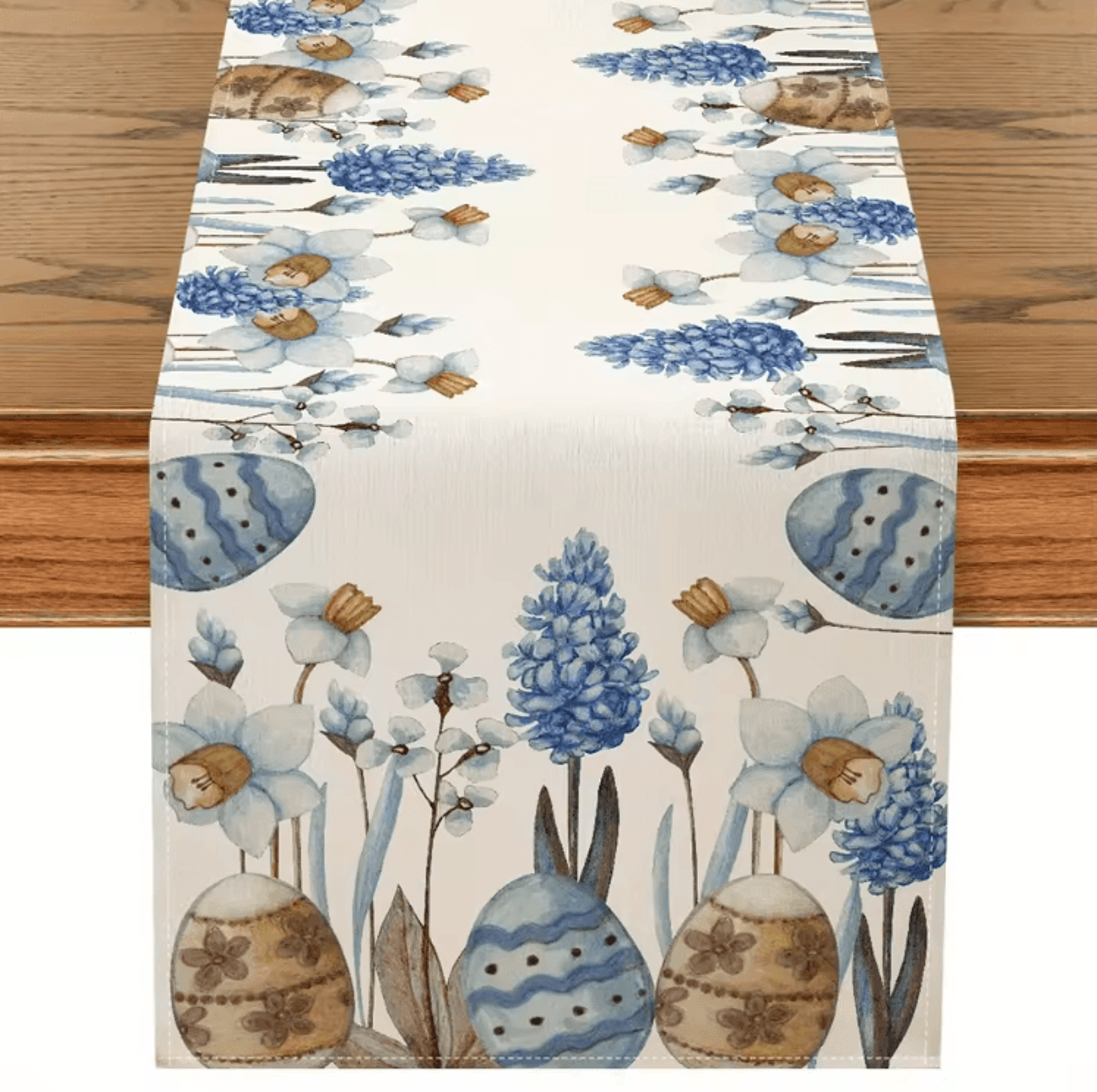 easter blue floral egg linen table runner – spring botanical farmhouse table decor