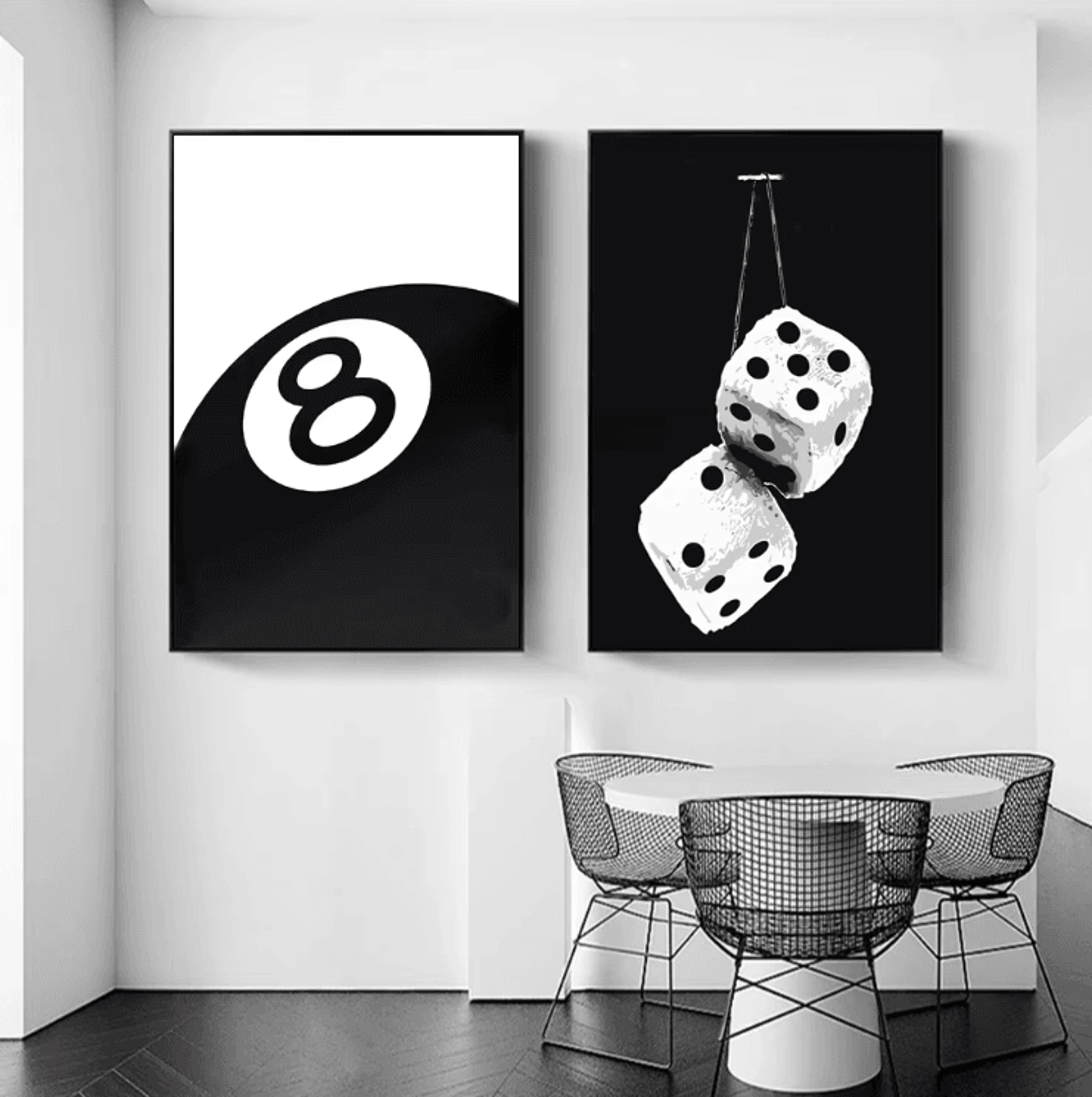 black & white 8 ball canvas wall art – modern billiards club poster decor