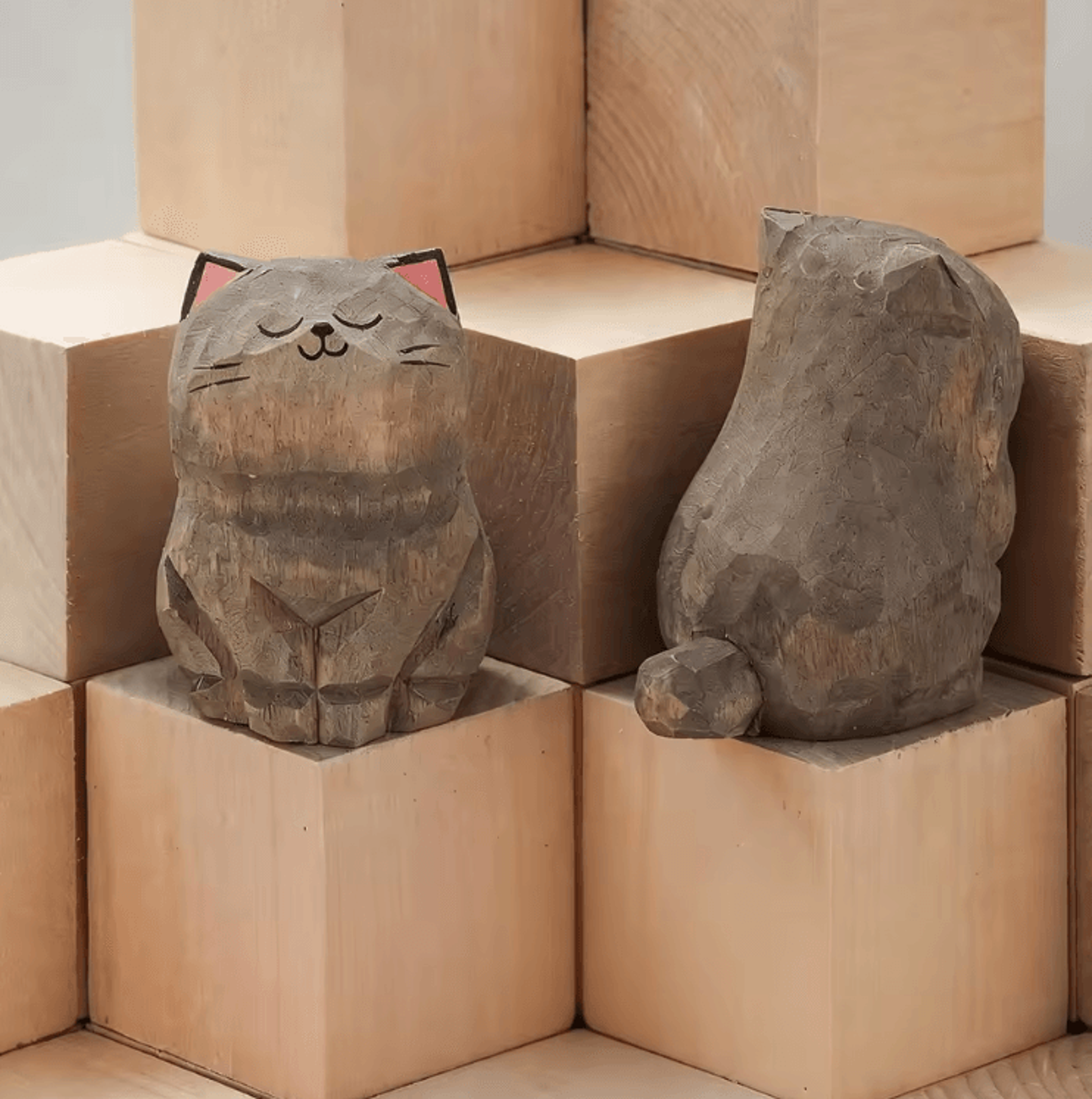 handcrafted wooden cat figurine – cute kitten desk & car decor ornament