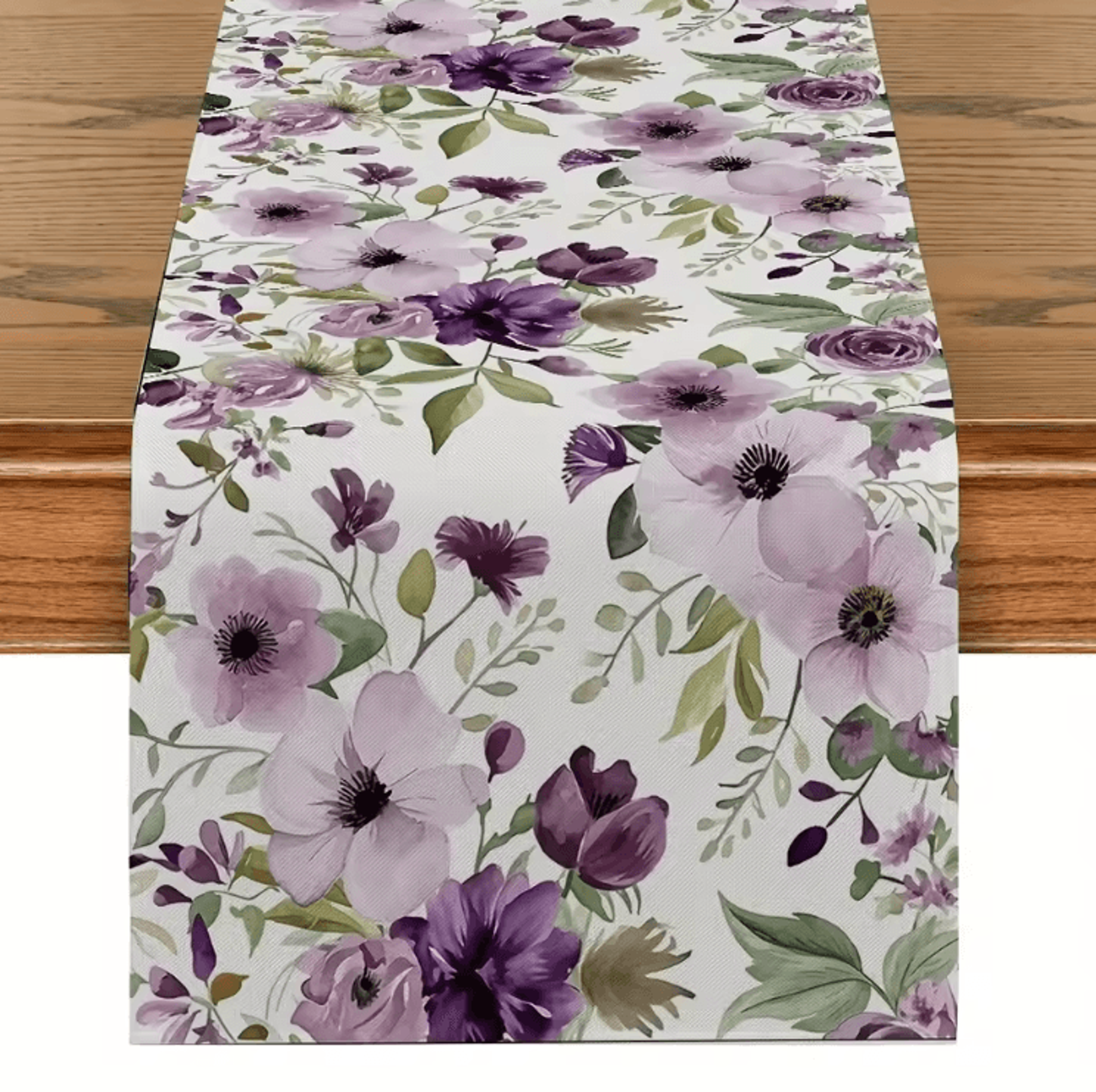 watercolor green floral linen table runner – elegant botanical spring & summer table decor