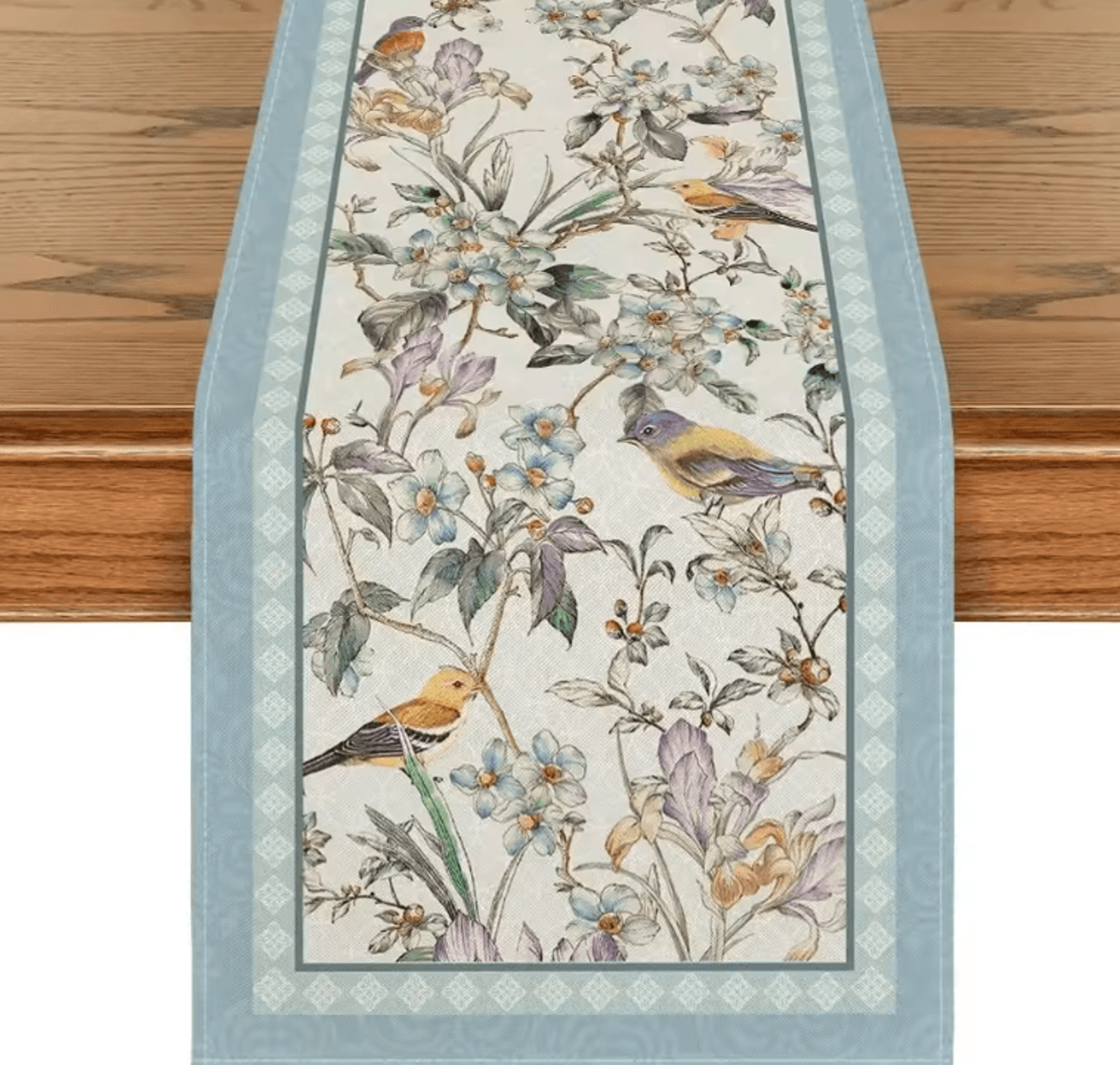 blue birds floral linen table runner – elegant spring blossom farmhouse table decor