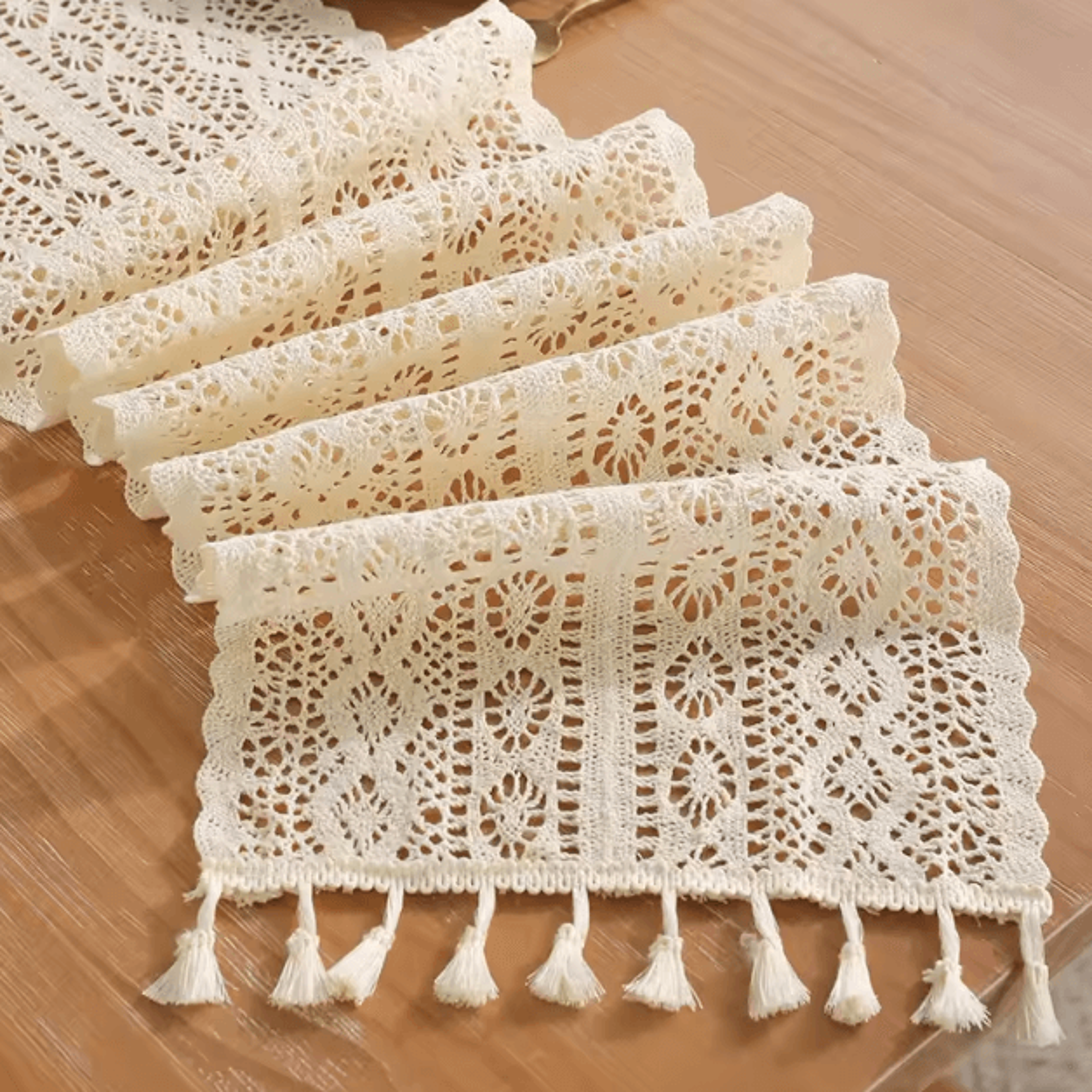 boho macrame beige table runner with tassels – vintage farmhouse crochet table decor