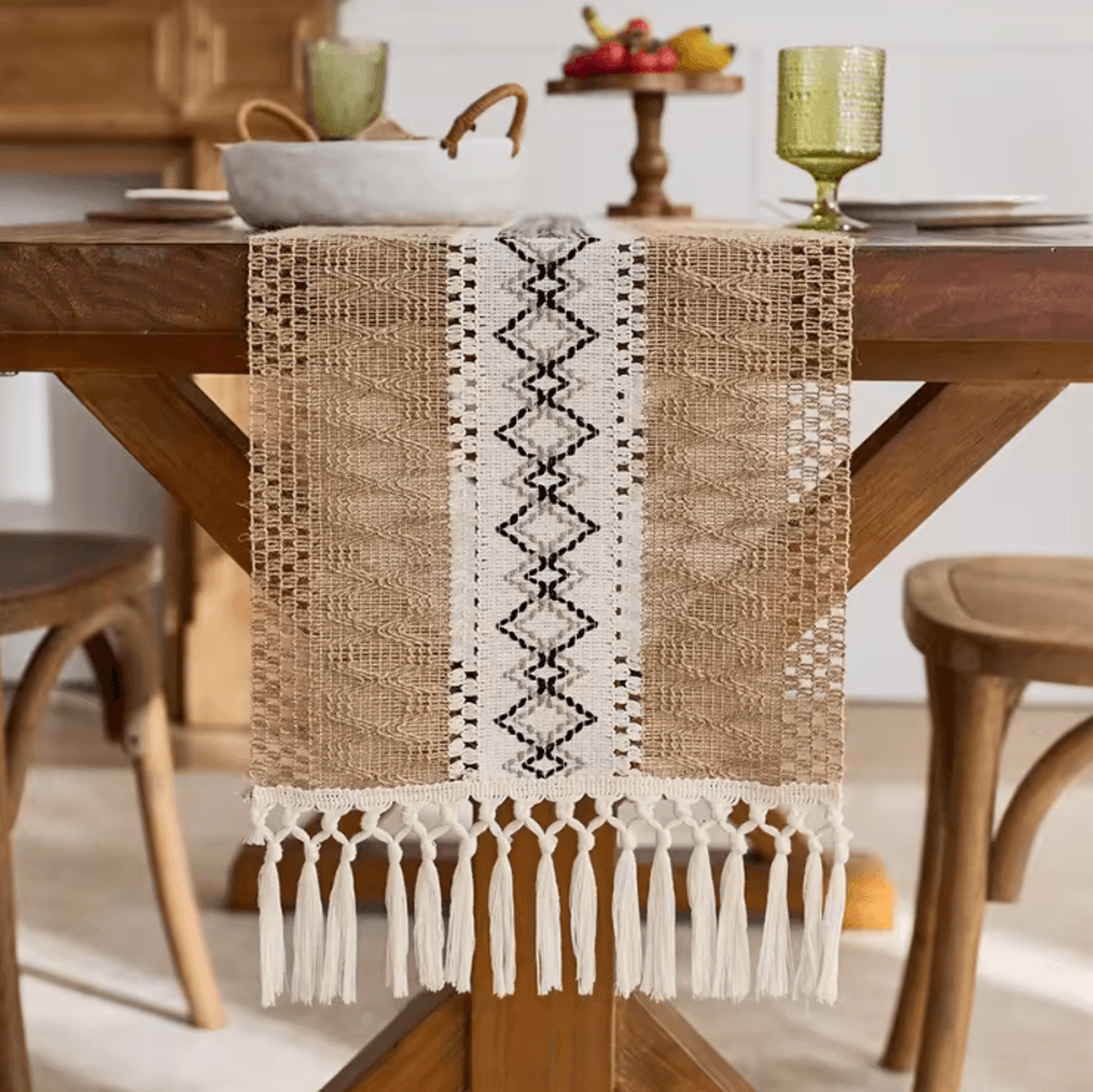 boho macrame table runner with tassels – rustic farmhouse burlap table decor