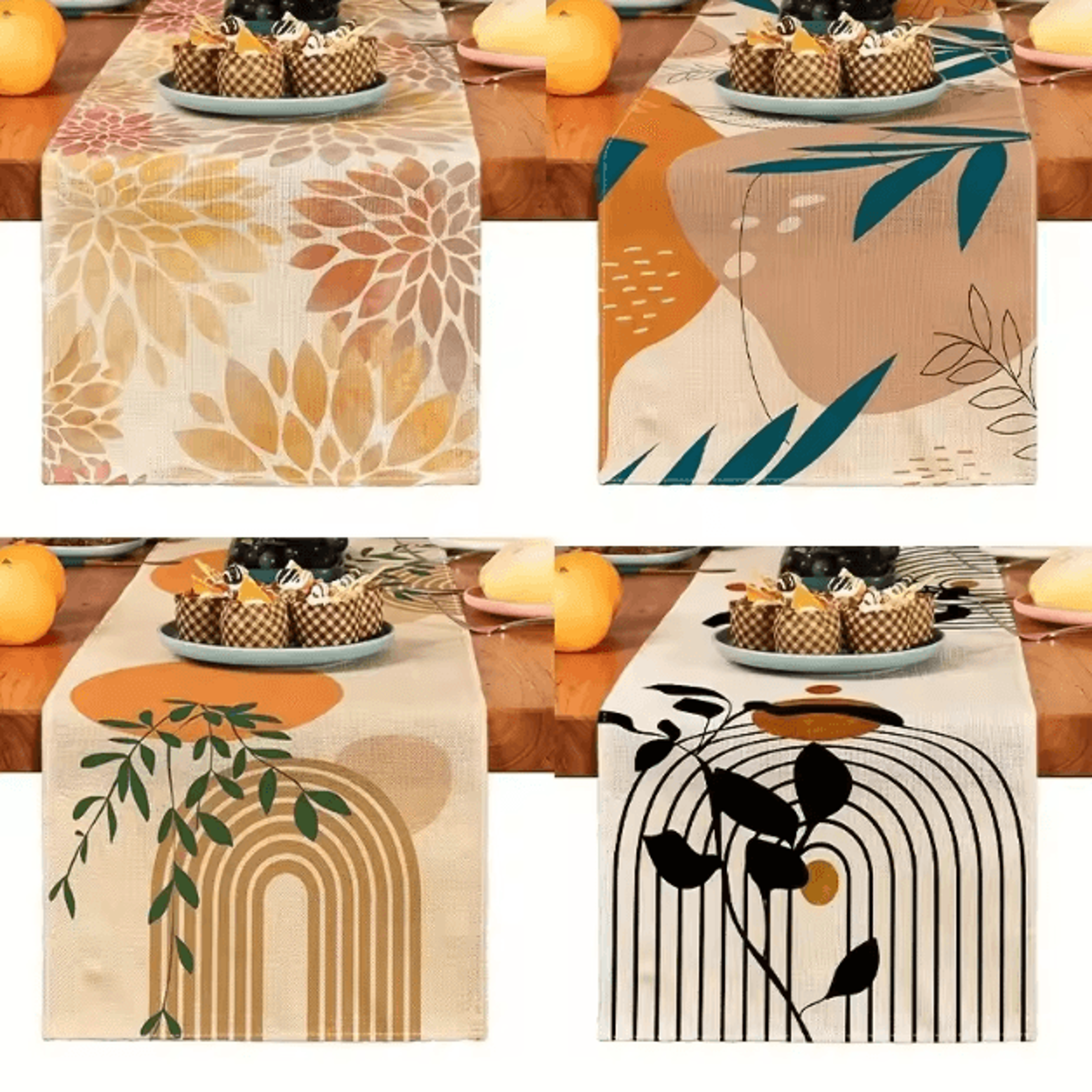 boho plant linen table runner – minimalist botanical farmhouse dining decor