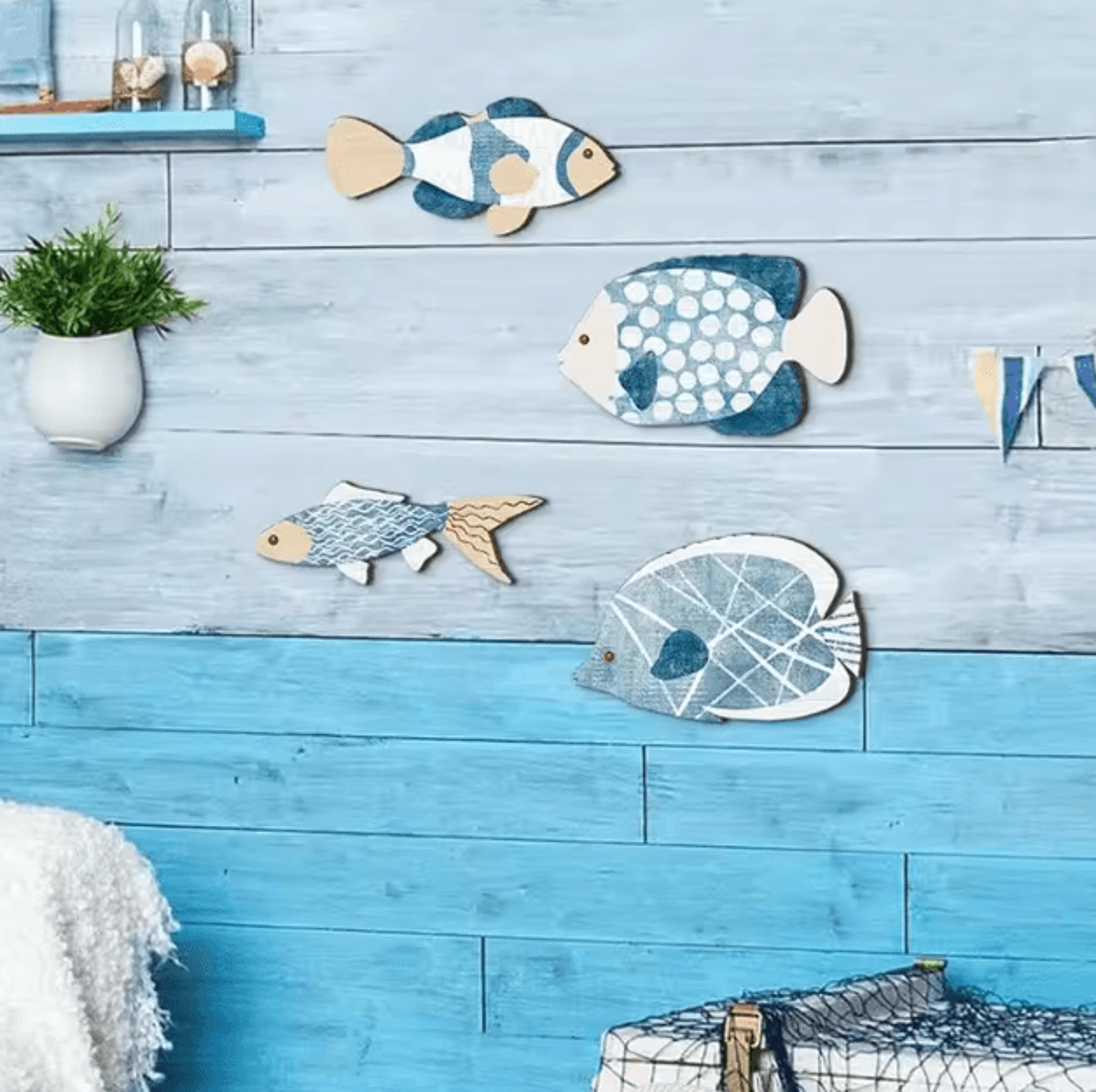 4-piece wooden coastal fish wall decor – rustic nautical beach house art set