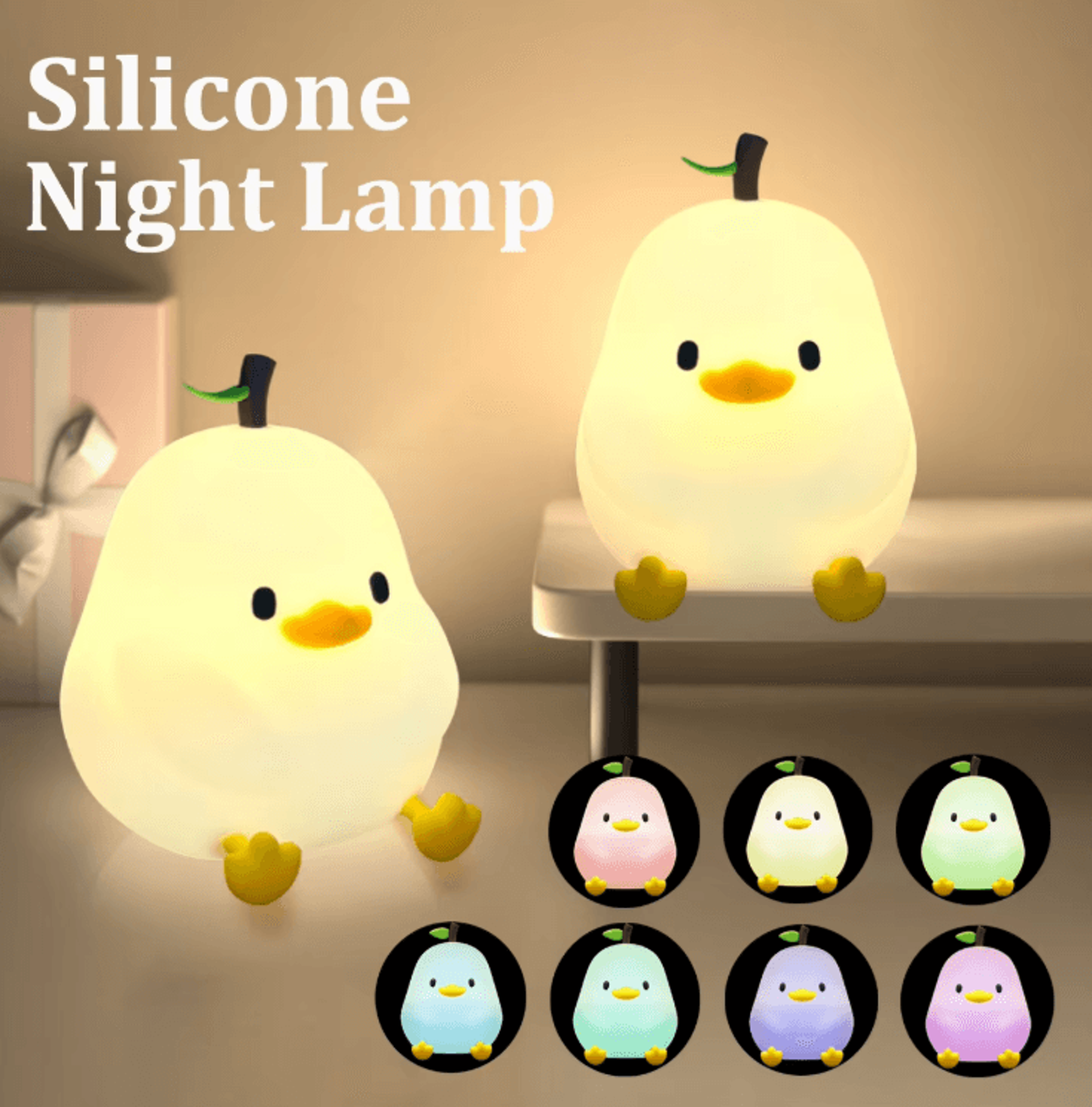 cute pear duck silicone night light – 7-color touch dimmable usb lamp
