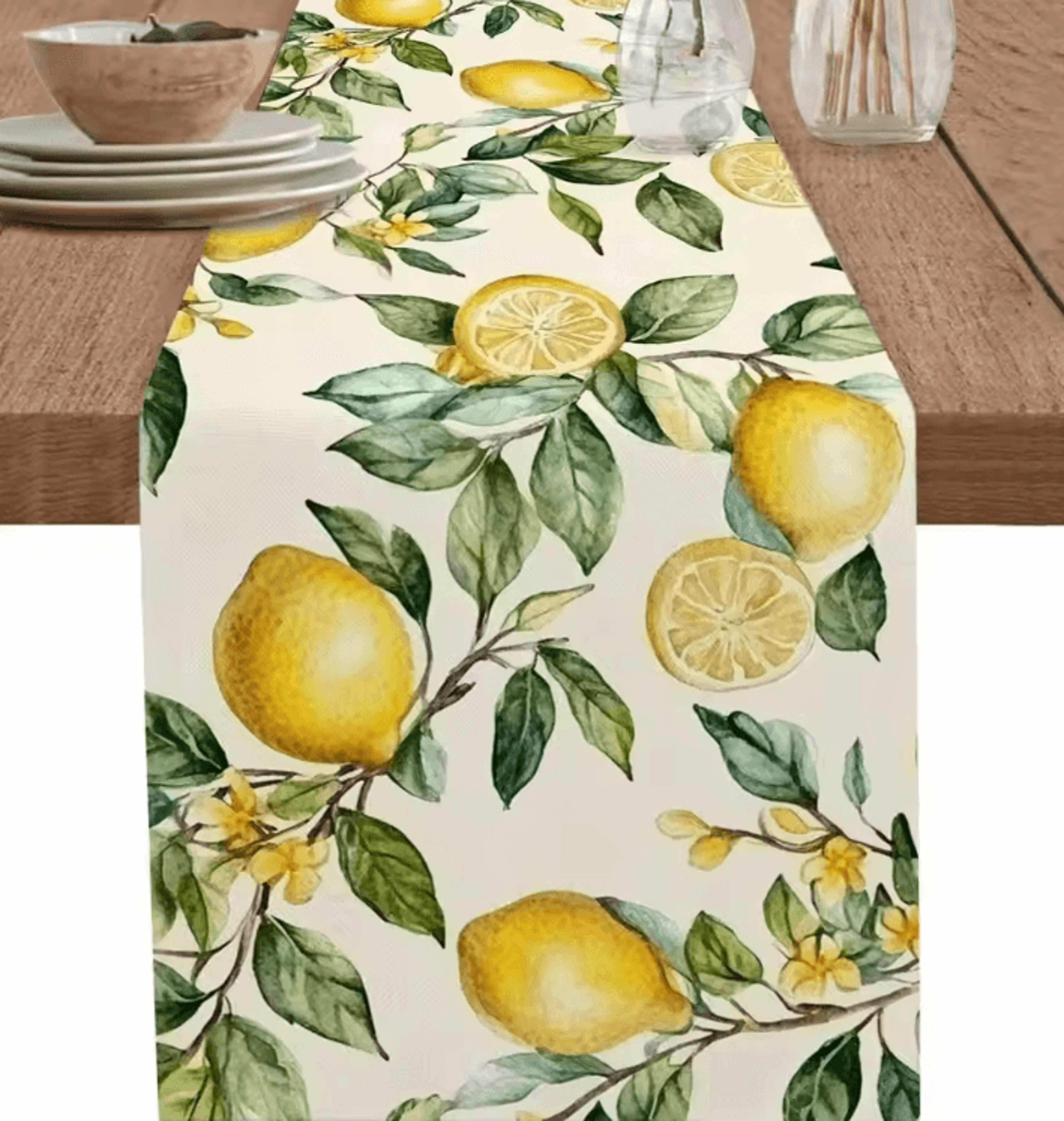 watercolor lemon linen table runner – fresh botanical farmhouse dining decor