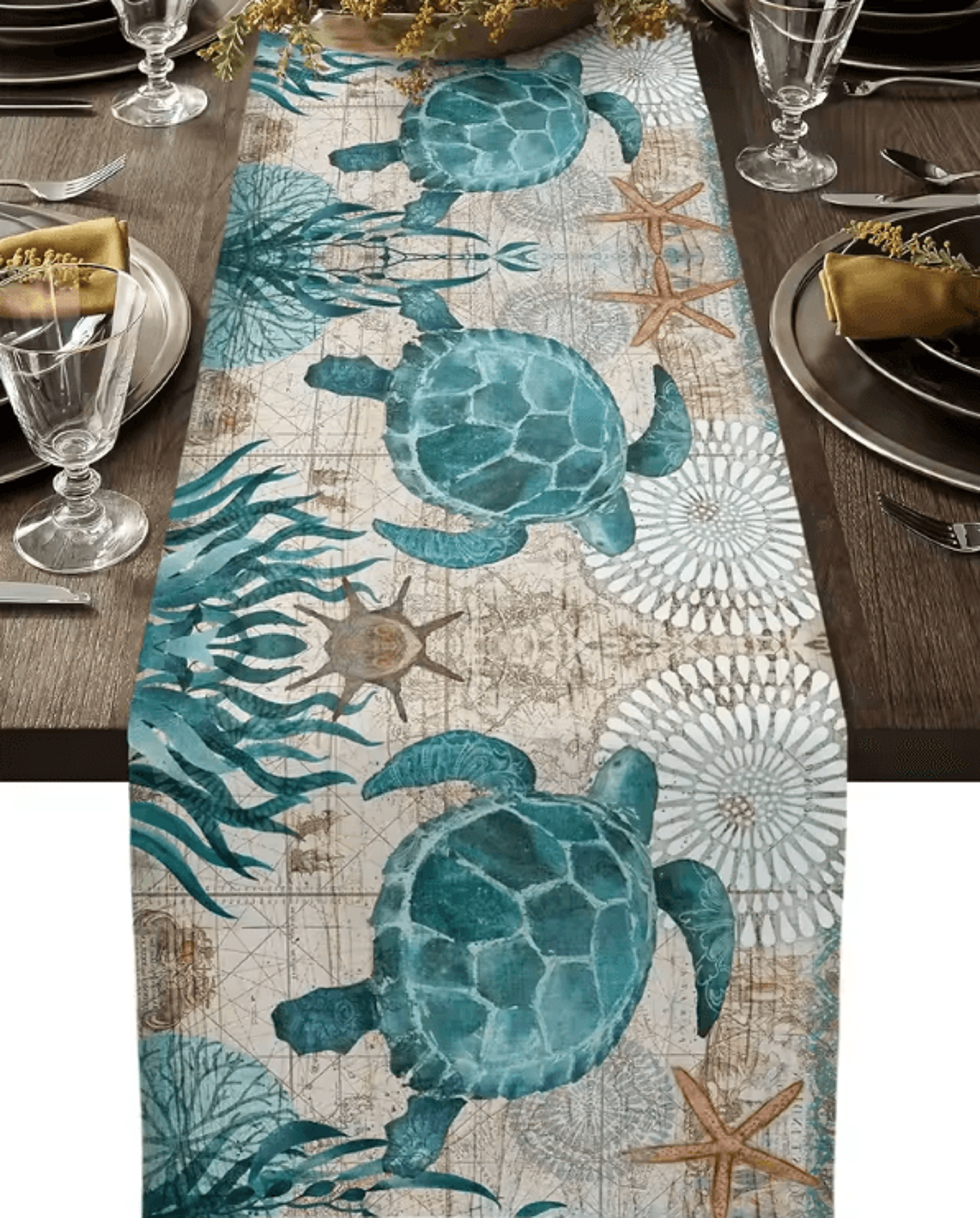 nautical sea turtle starfish linen table runner – coastal farmhouse dining decor