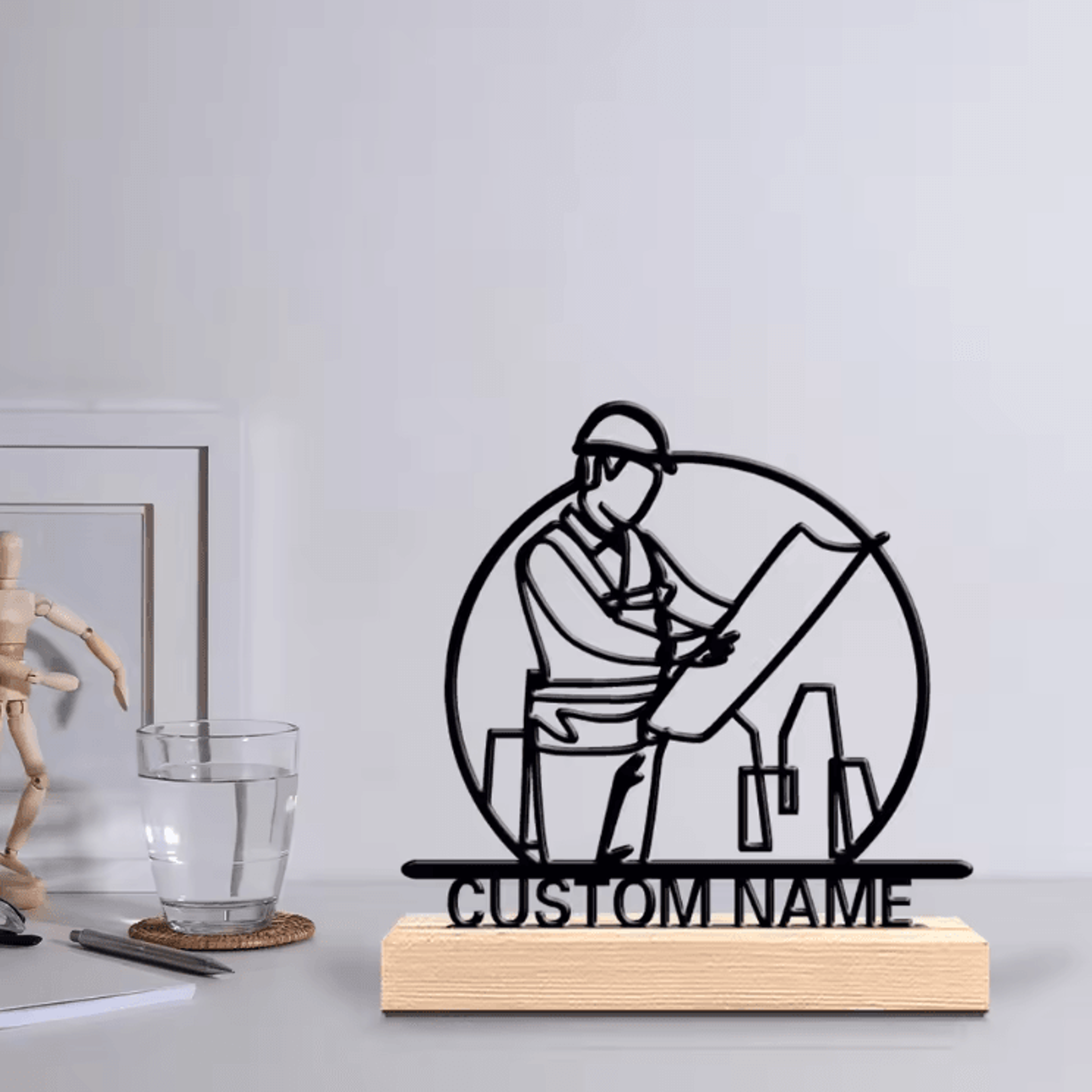 personalized architect metal sculpture – custom architect desk decor with wooden base for office & creative spaces