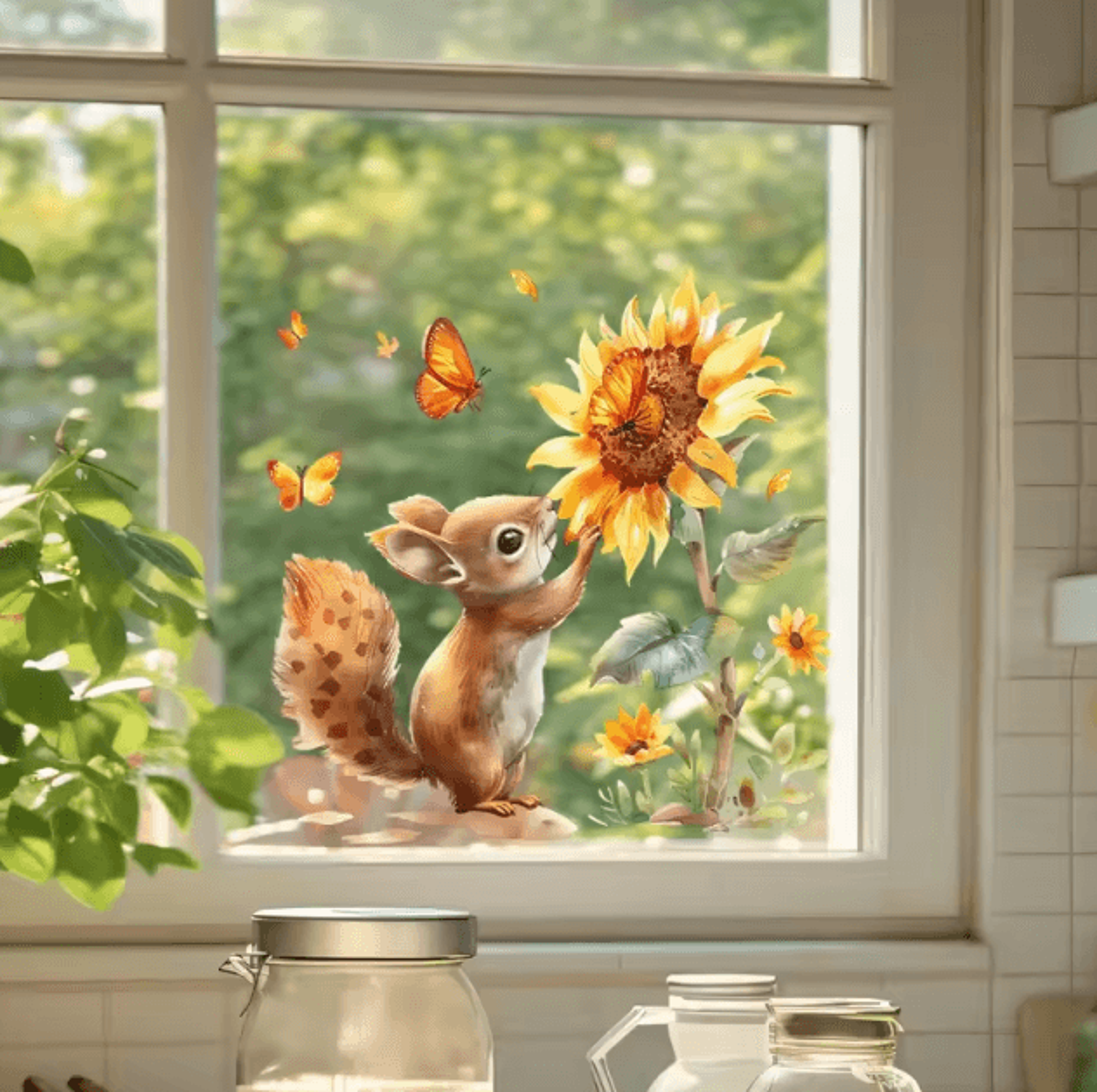 rustic watercolor squirrel sunflower window decal – charming squirrel window decal for cozy nature-inspired decor