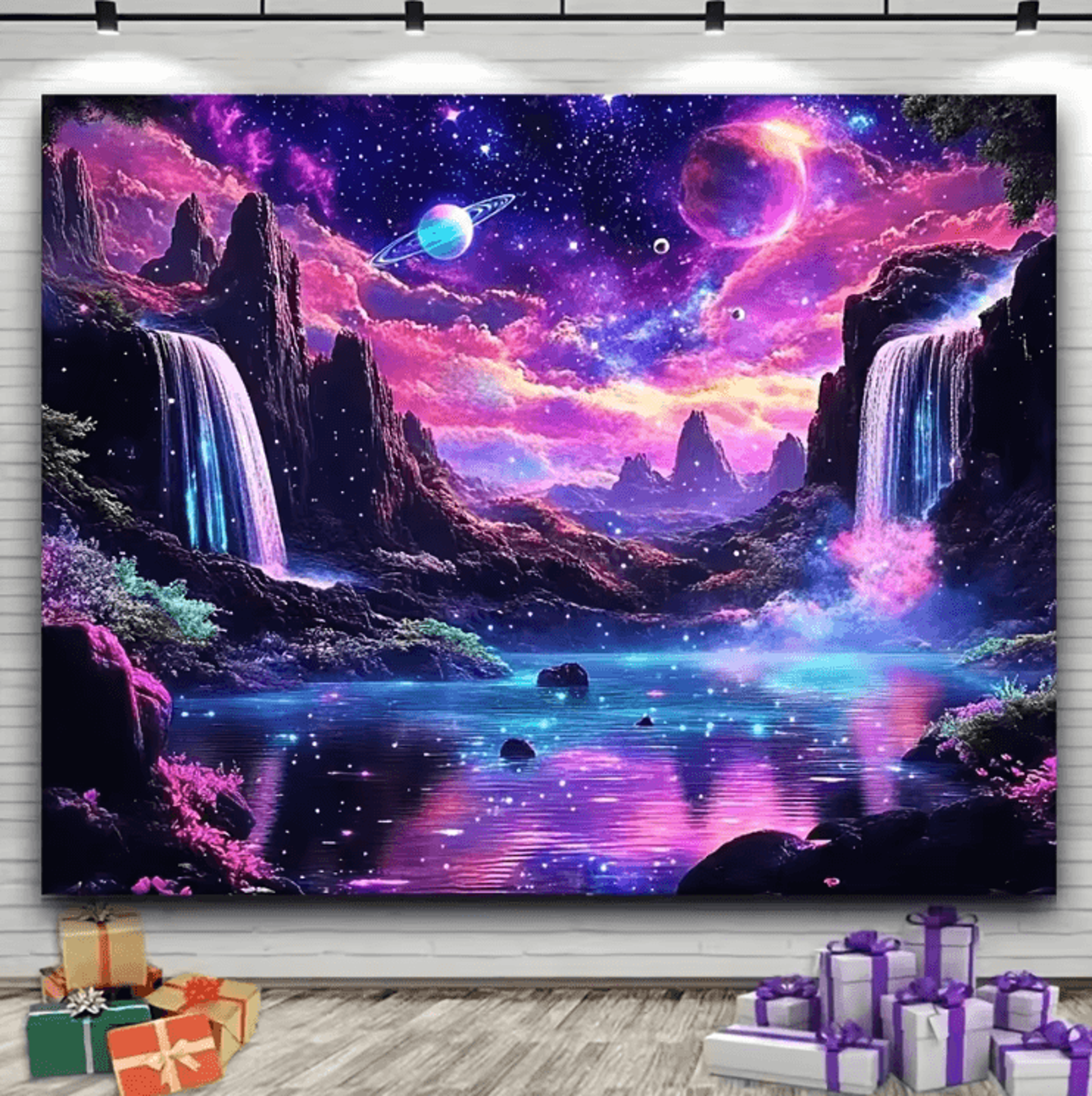 fantasy starry sky glow tapestry – galaxy waterfall wall art for dreamy spaces