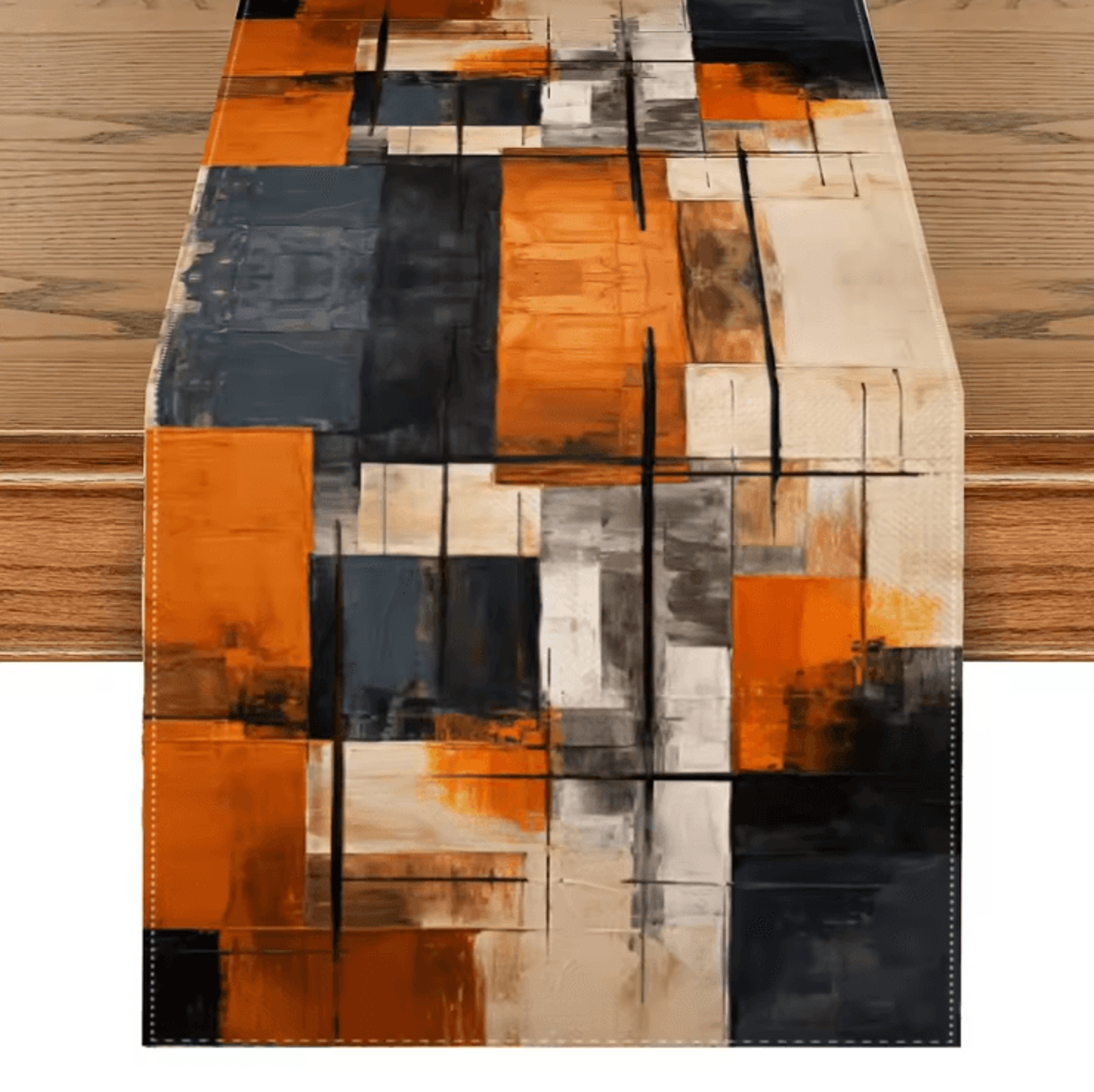 abstract watercolor linen table runner – orange black modern table decor accent