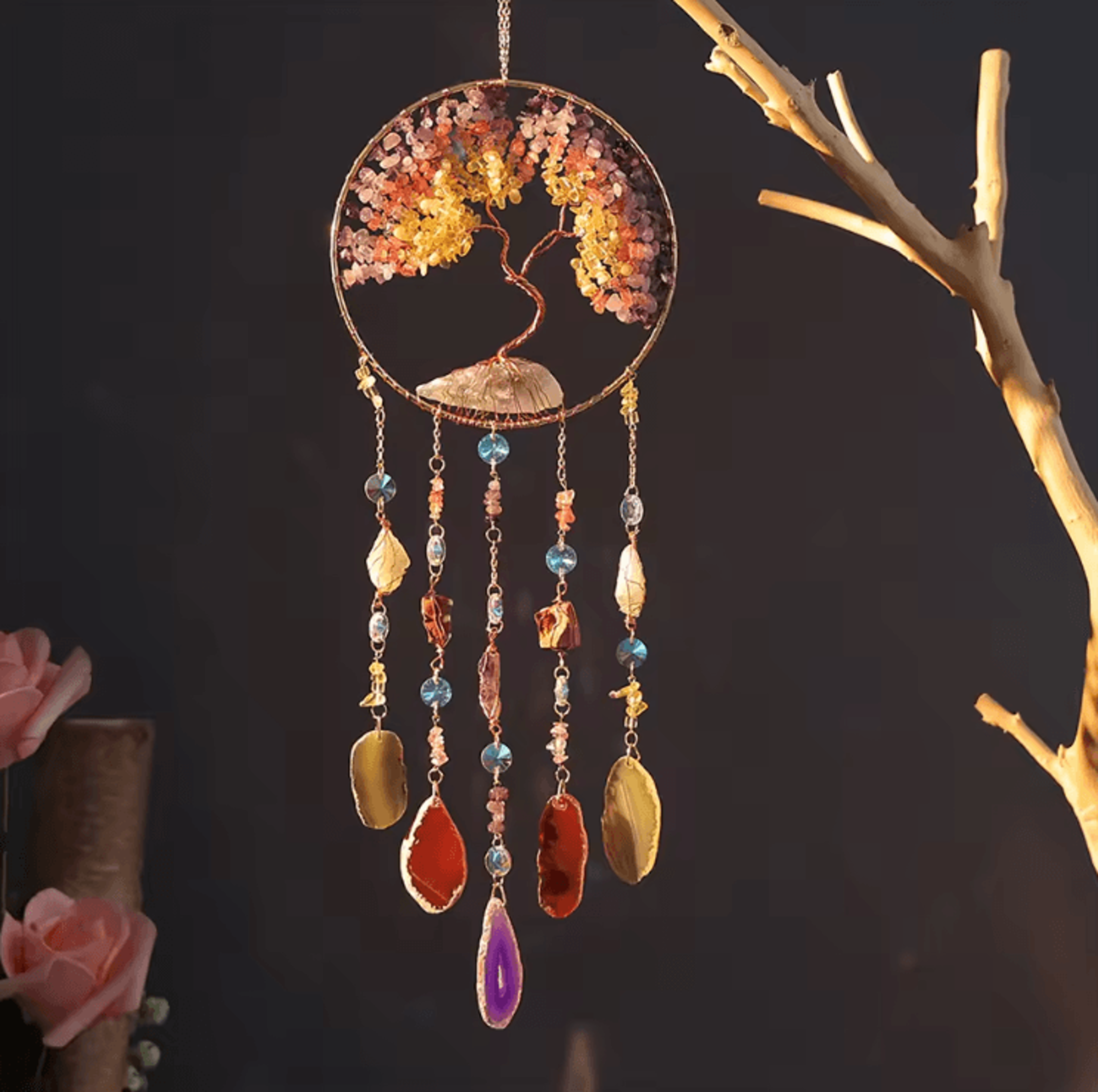 natural agate dream catcher wall hanging – moon star crystal boho decor for home & garden