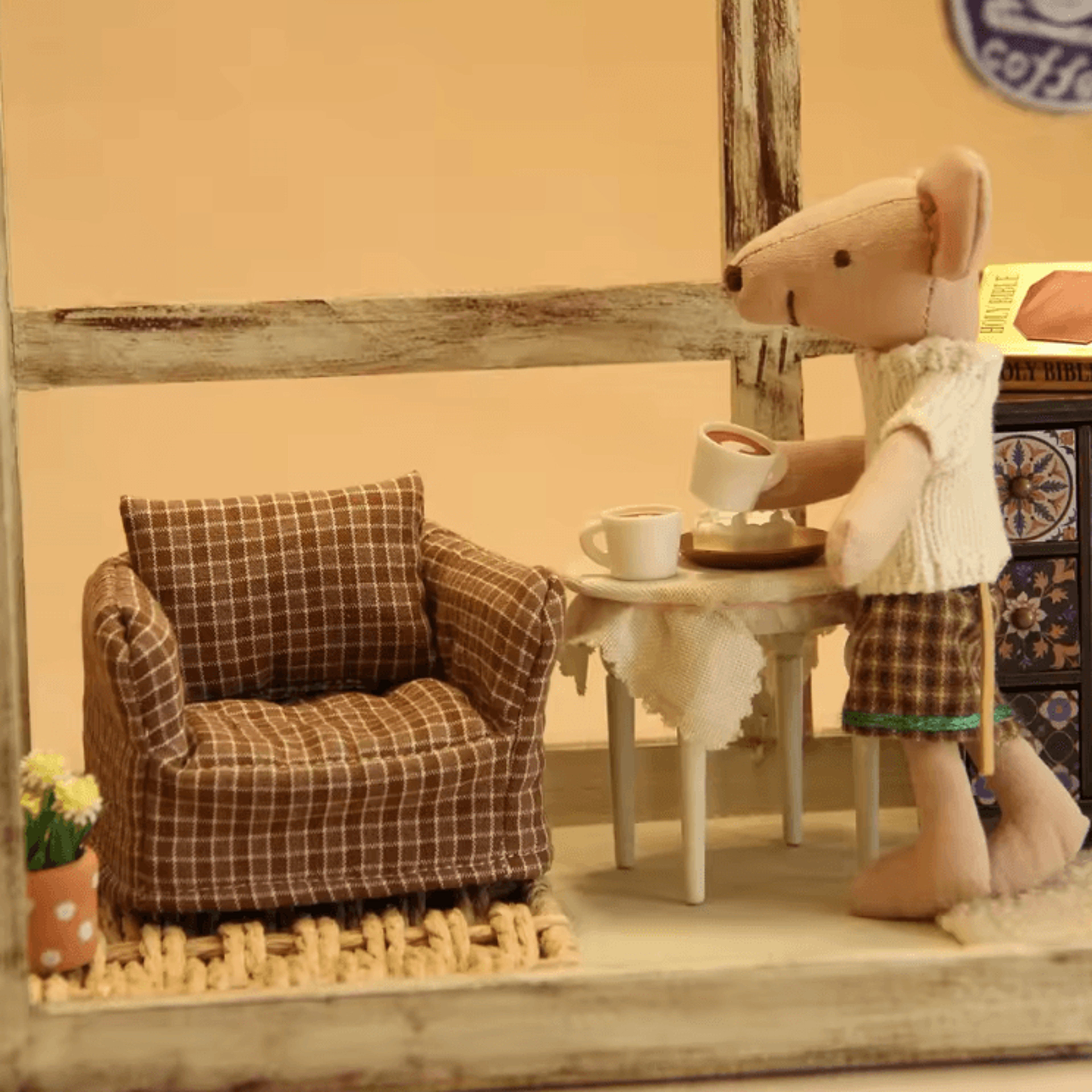 1 12 scale plaid wooden dollhouse sofa – miniature living room furniture decor