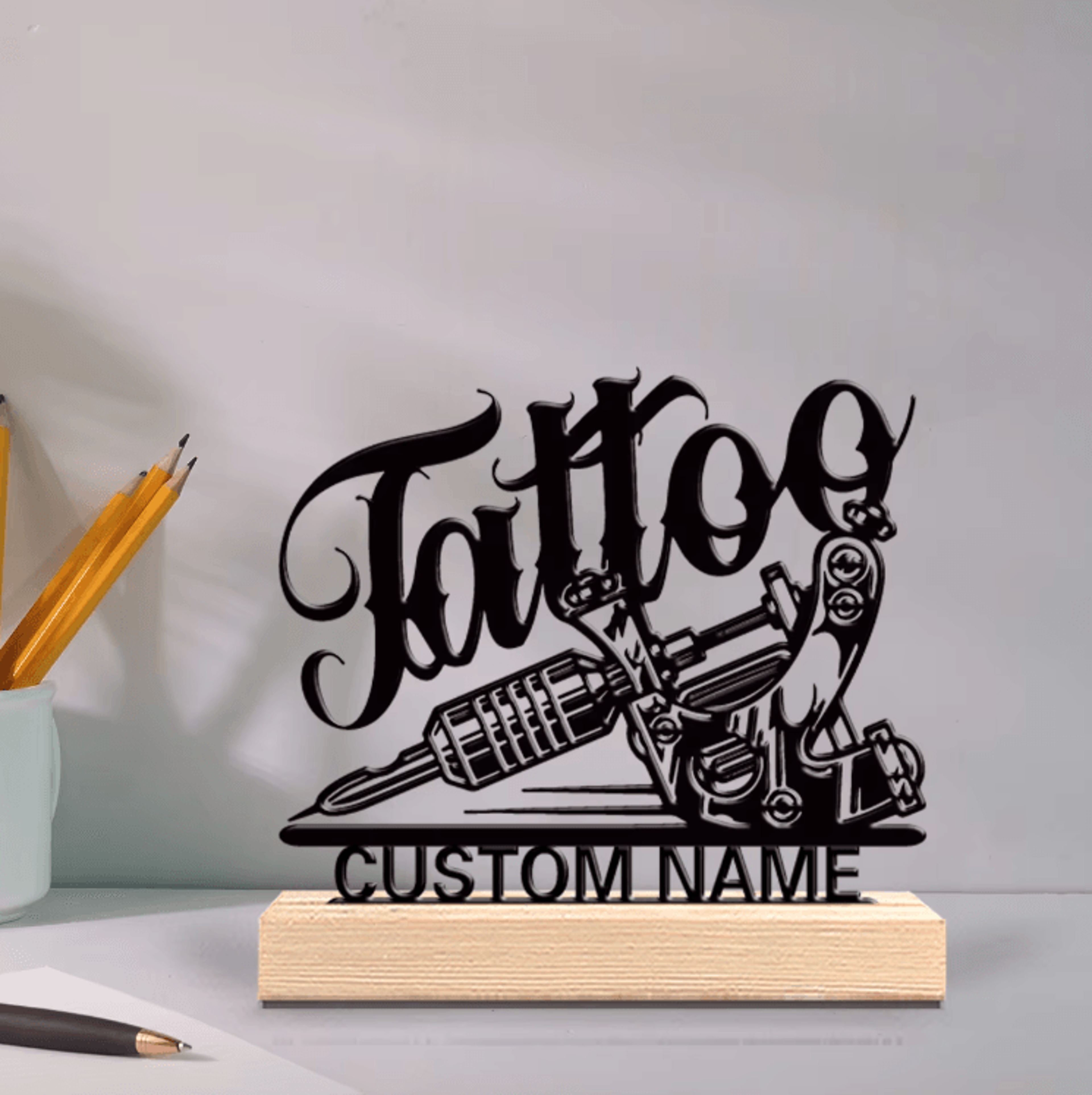 personalized tattoo artist metal statue – custom desk sculpture with wooden base