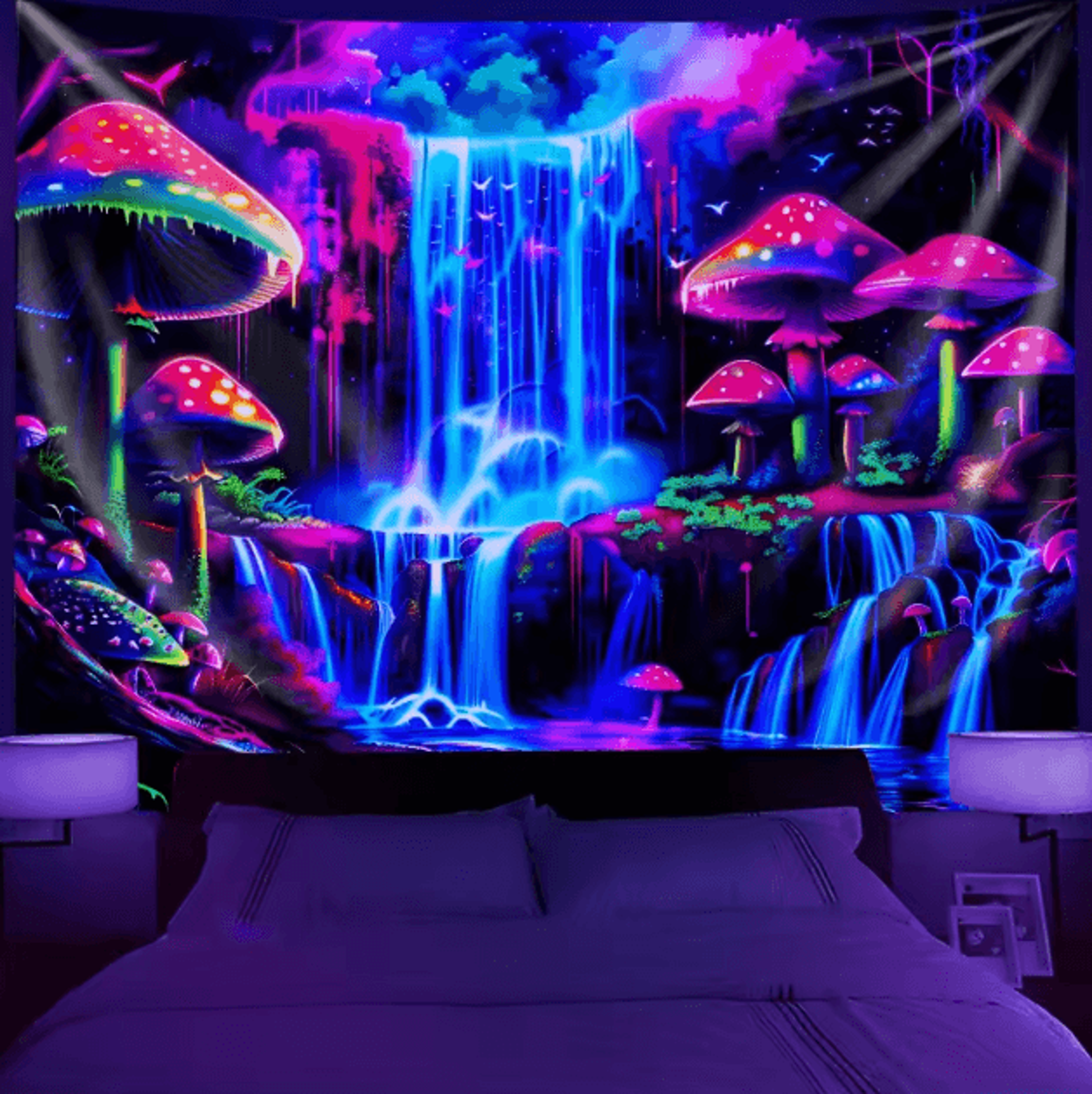 psychedelic forest waterfall cyberpunk tapestry – immersive aesthetic wall decor