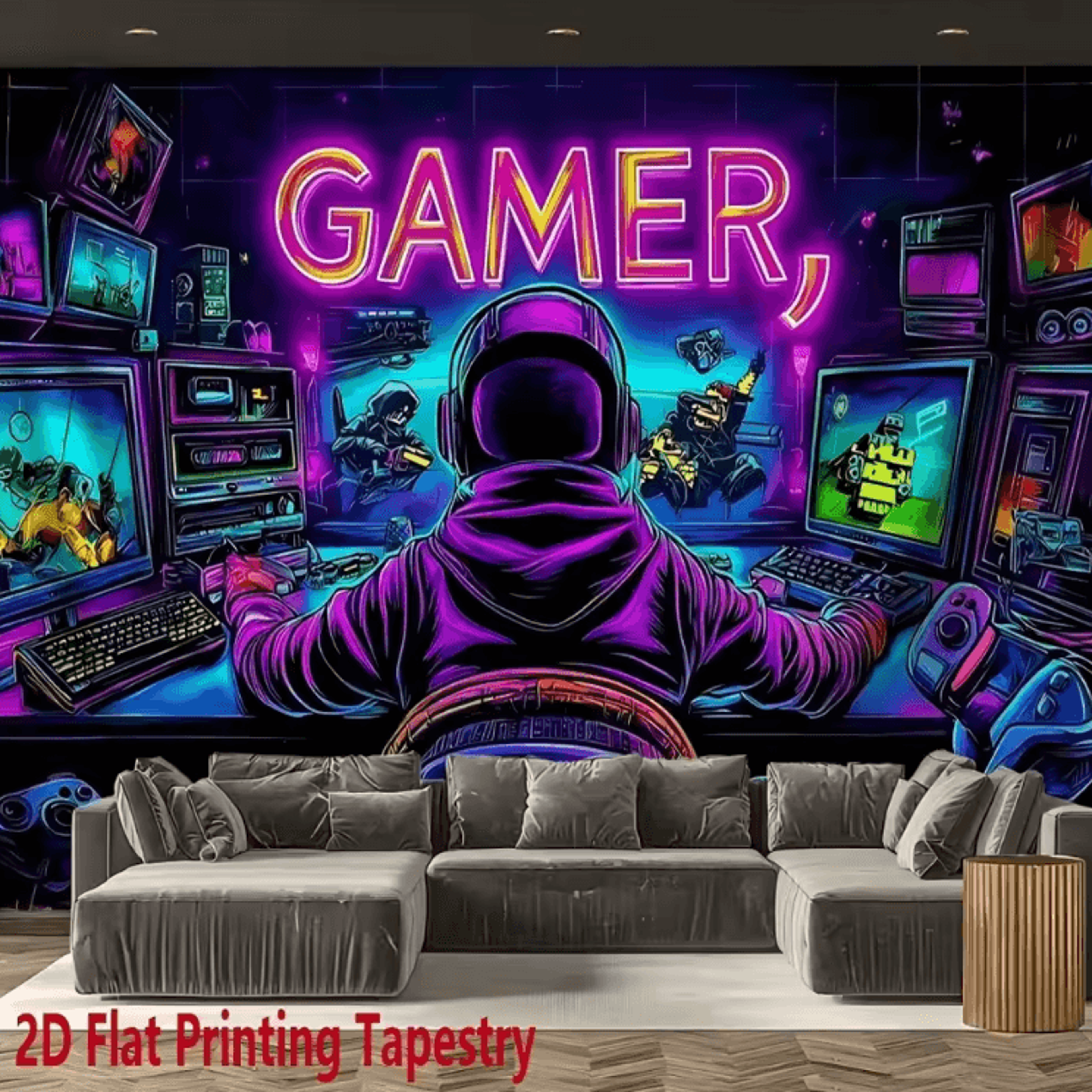 vikama gamer fluorescent cyberpunk tapestry – uv reactive gaming room wall decor