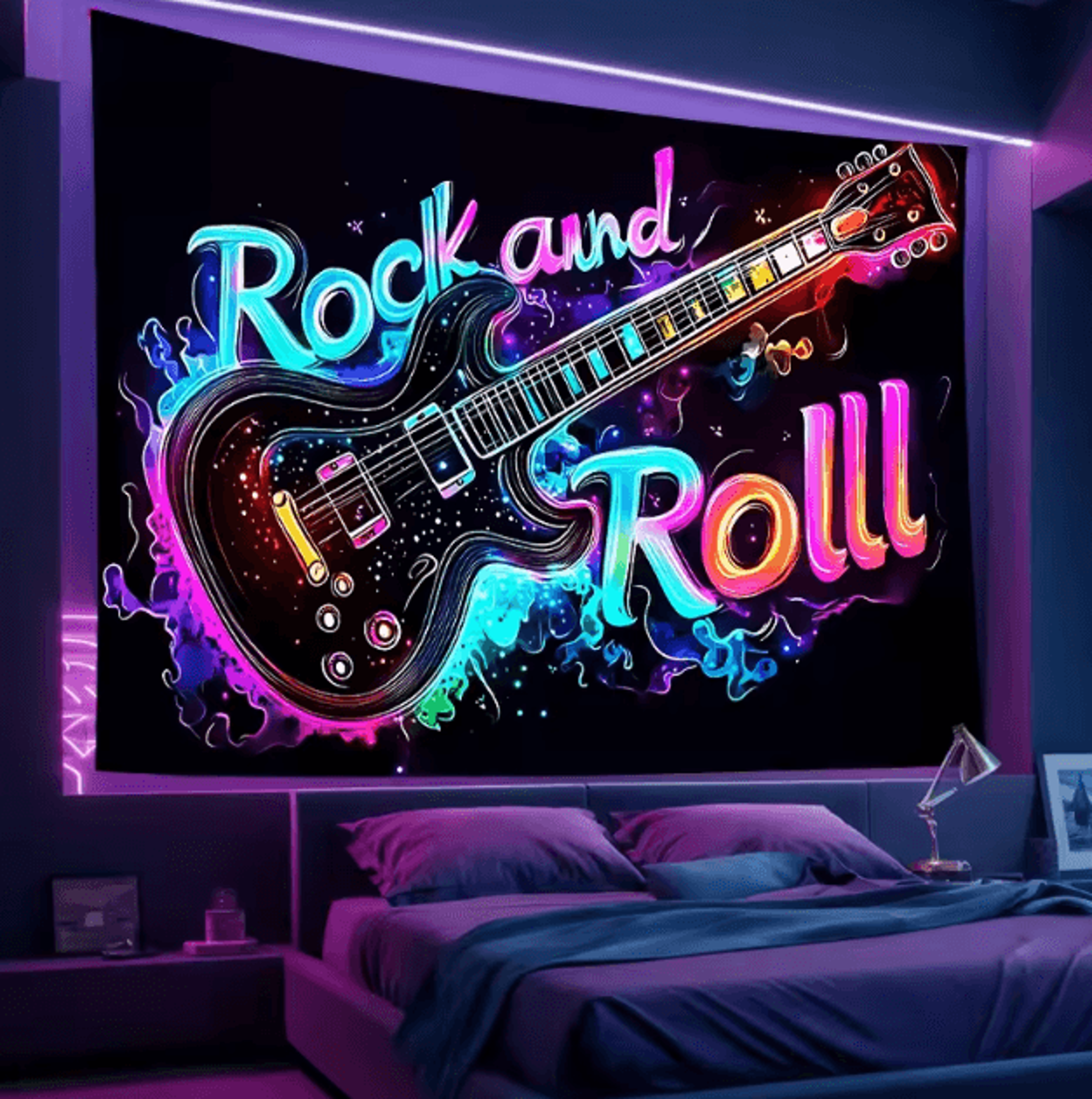 neon rock guitar tapestry – uv reactive music wall art for bedroom & studio decor