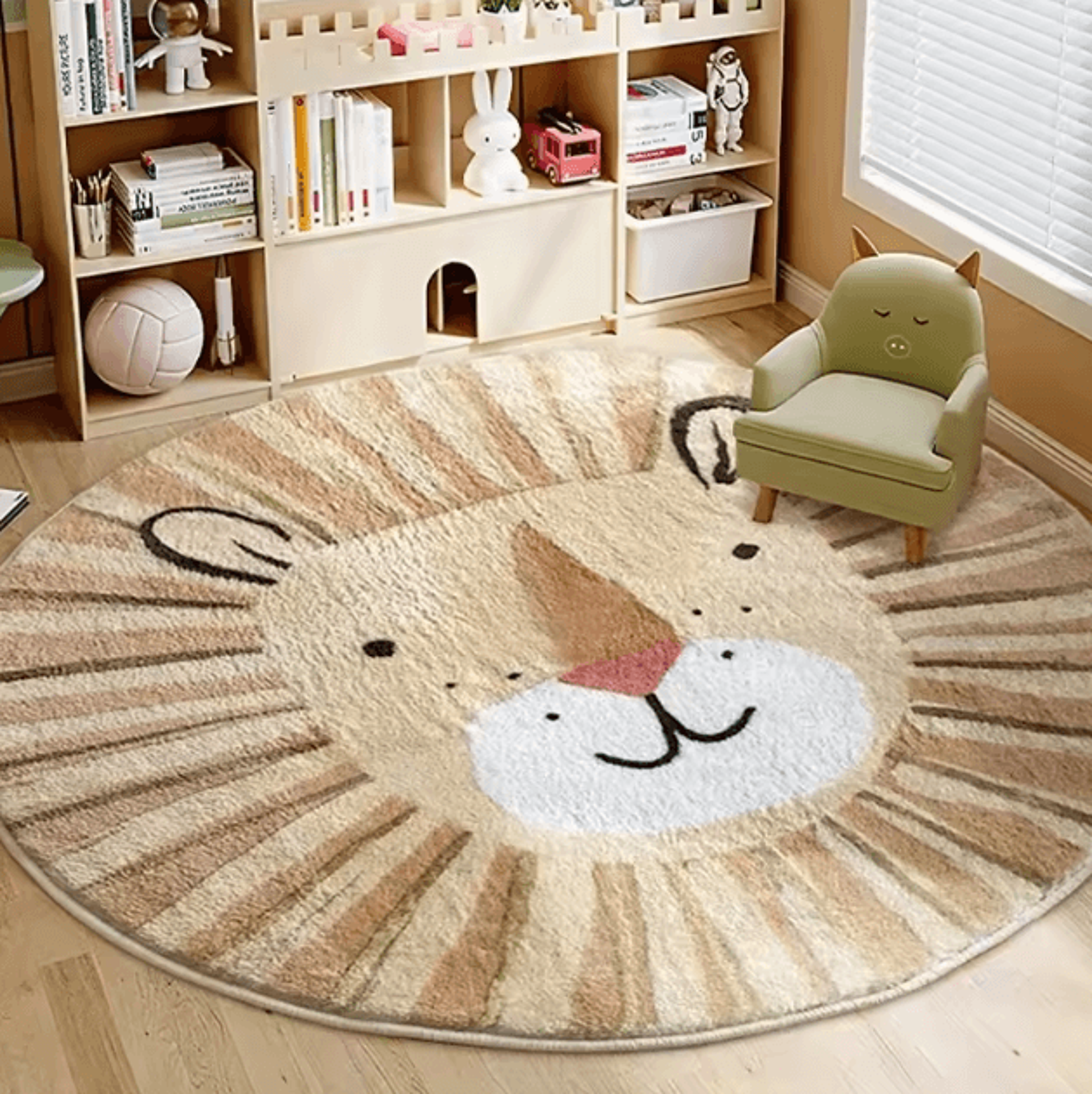 cute cartoon lion plush rug – soft round animal carpet for kids room & home decor