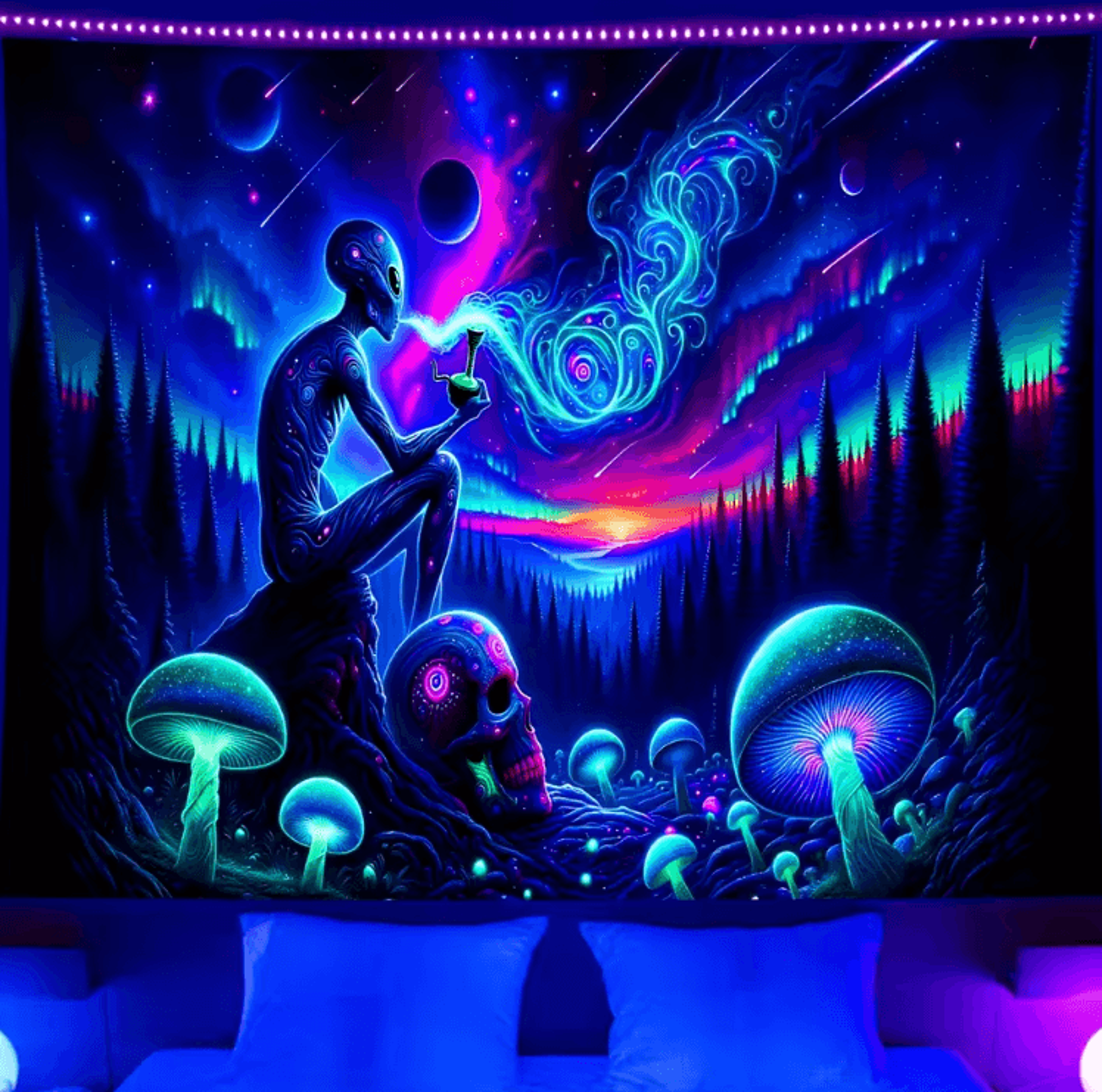 aurora borealis alien forest tapestry – uv reactive boho wall art for bedroom & gaming room
