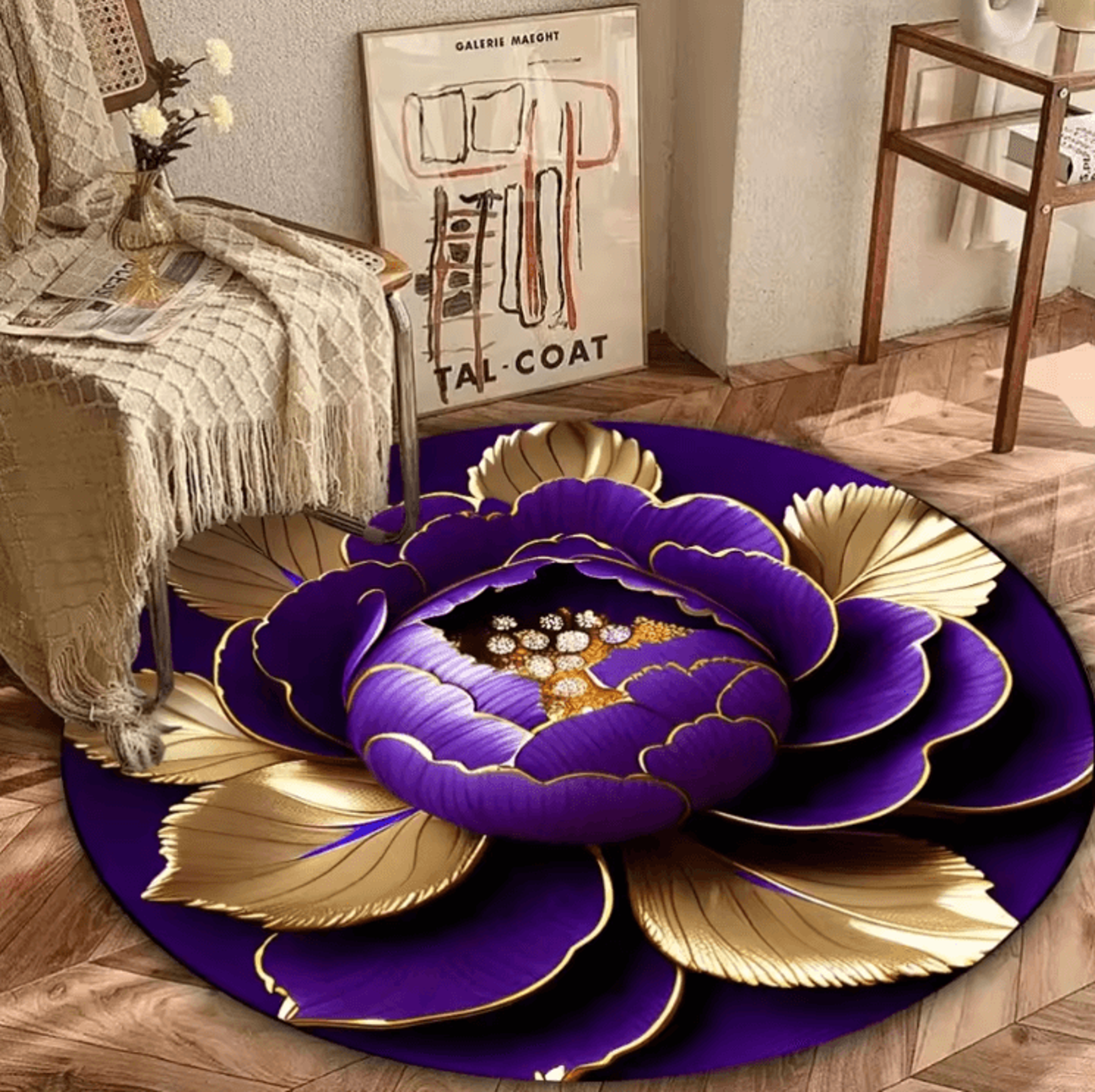 purple gold peony round rug – washable floral carpet for elegant home decor