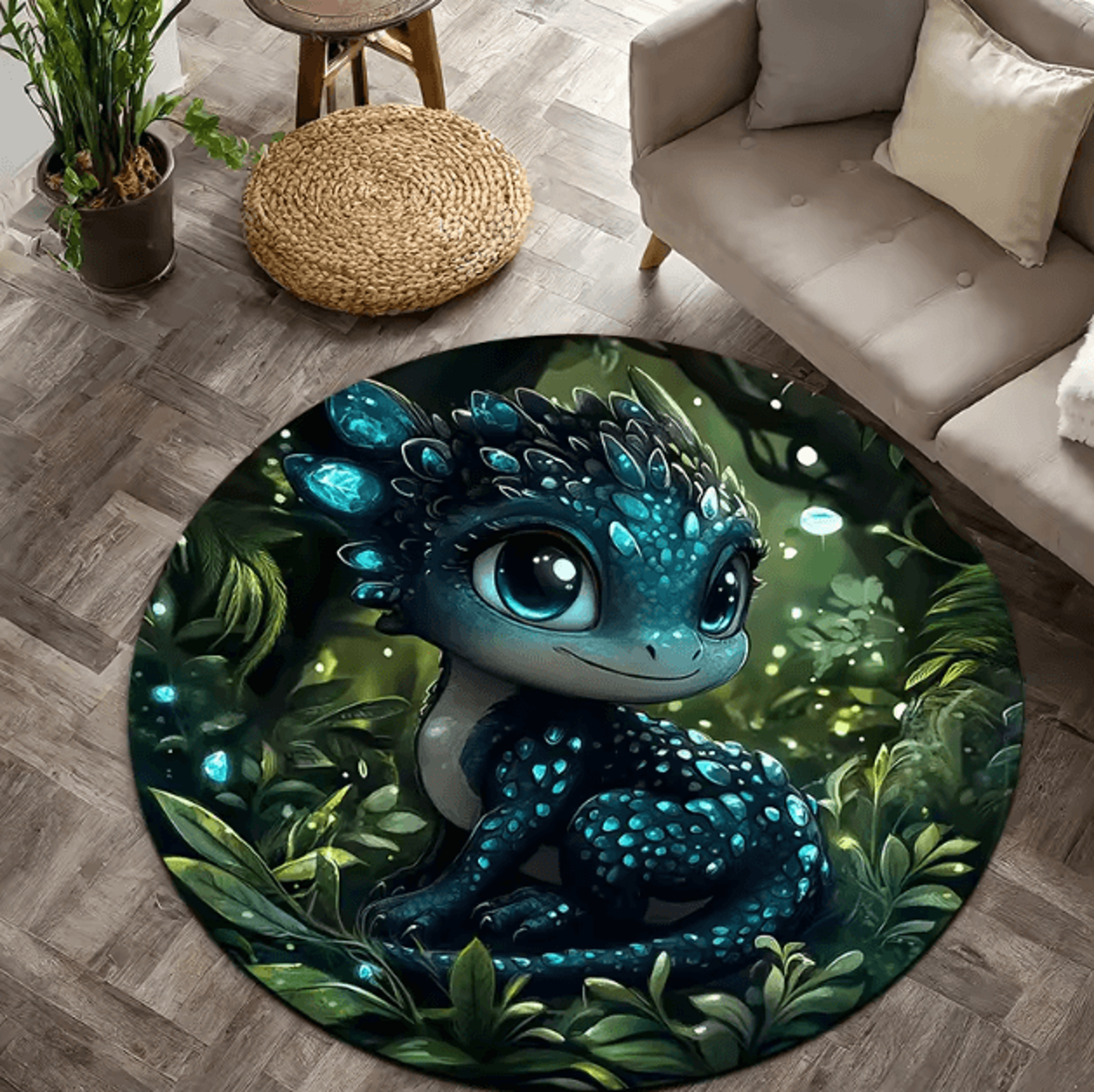 cartoon dragon kids round rug – soft flannel non-slip floor mat for playful rooms