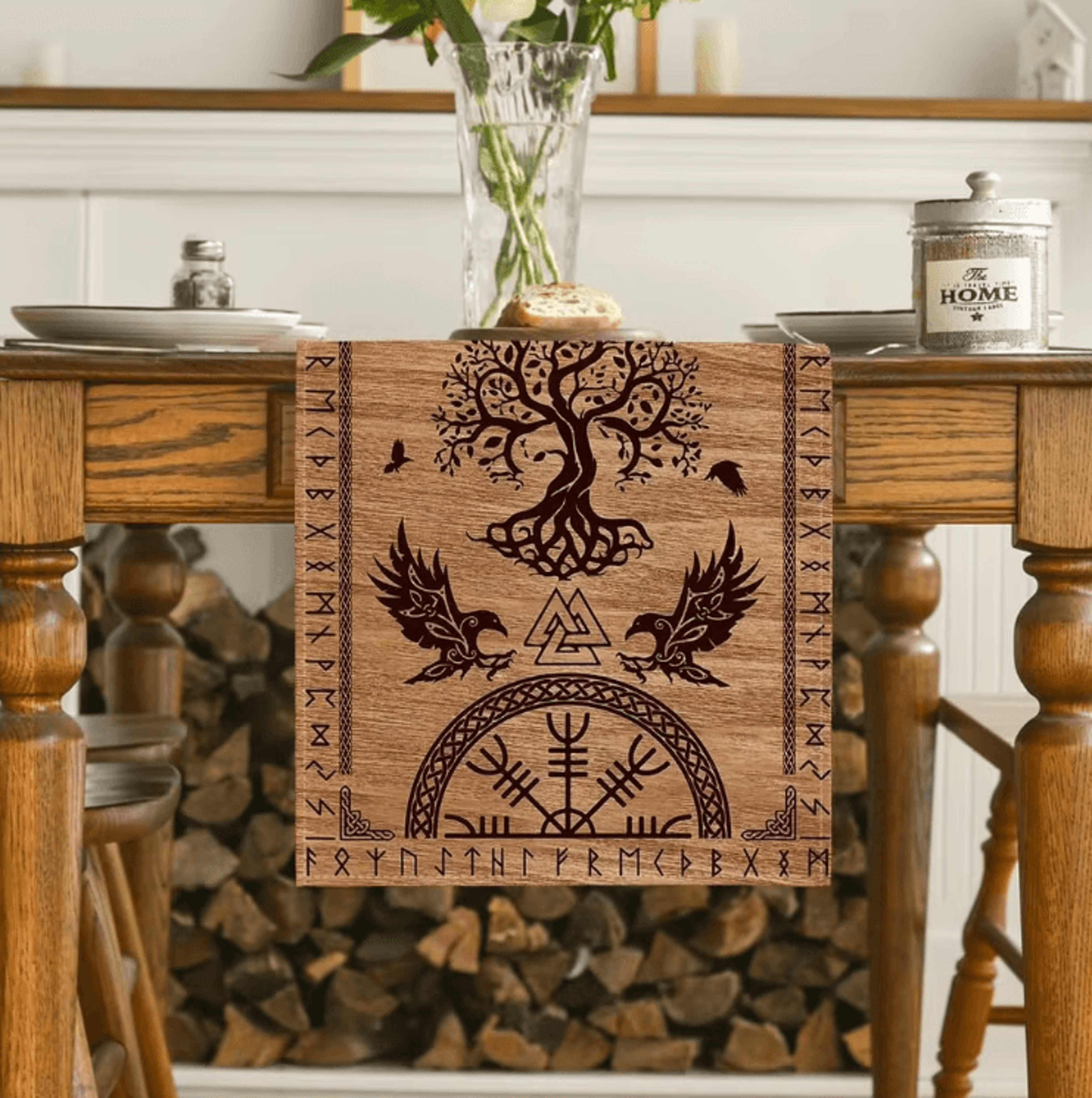 vintage viking raven table runner – norse linen dining decor with helm of awe design