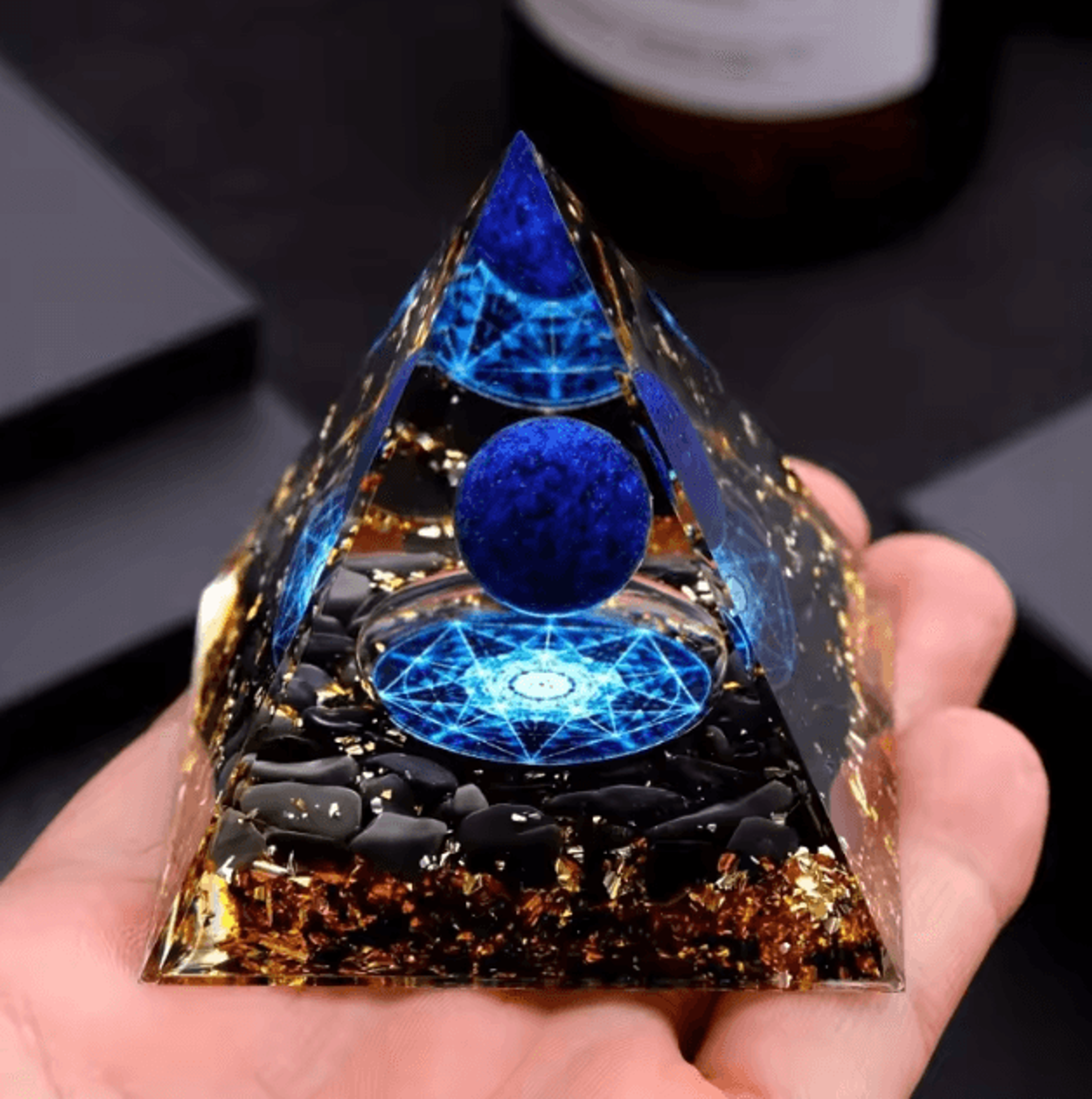 elegant lapis lazuli crystal ball & pyramid set – blue geometric home decor with gold base