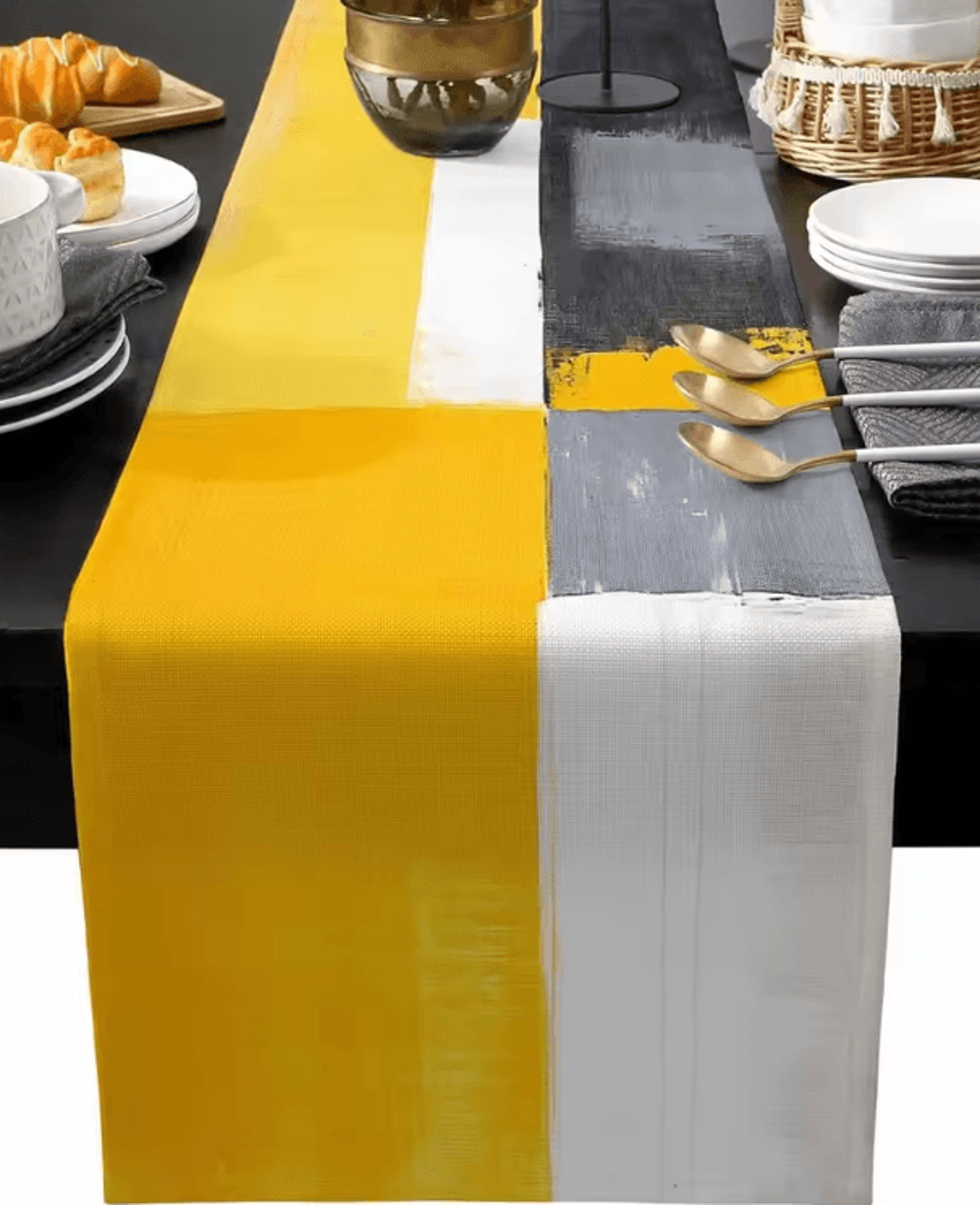abstract yellow linen table runner – modern geometric kitchen & dining table decor