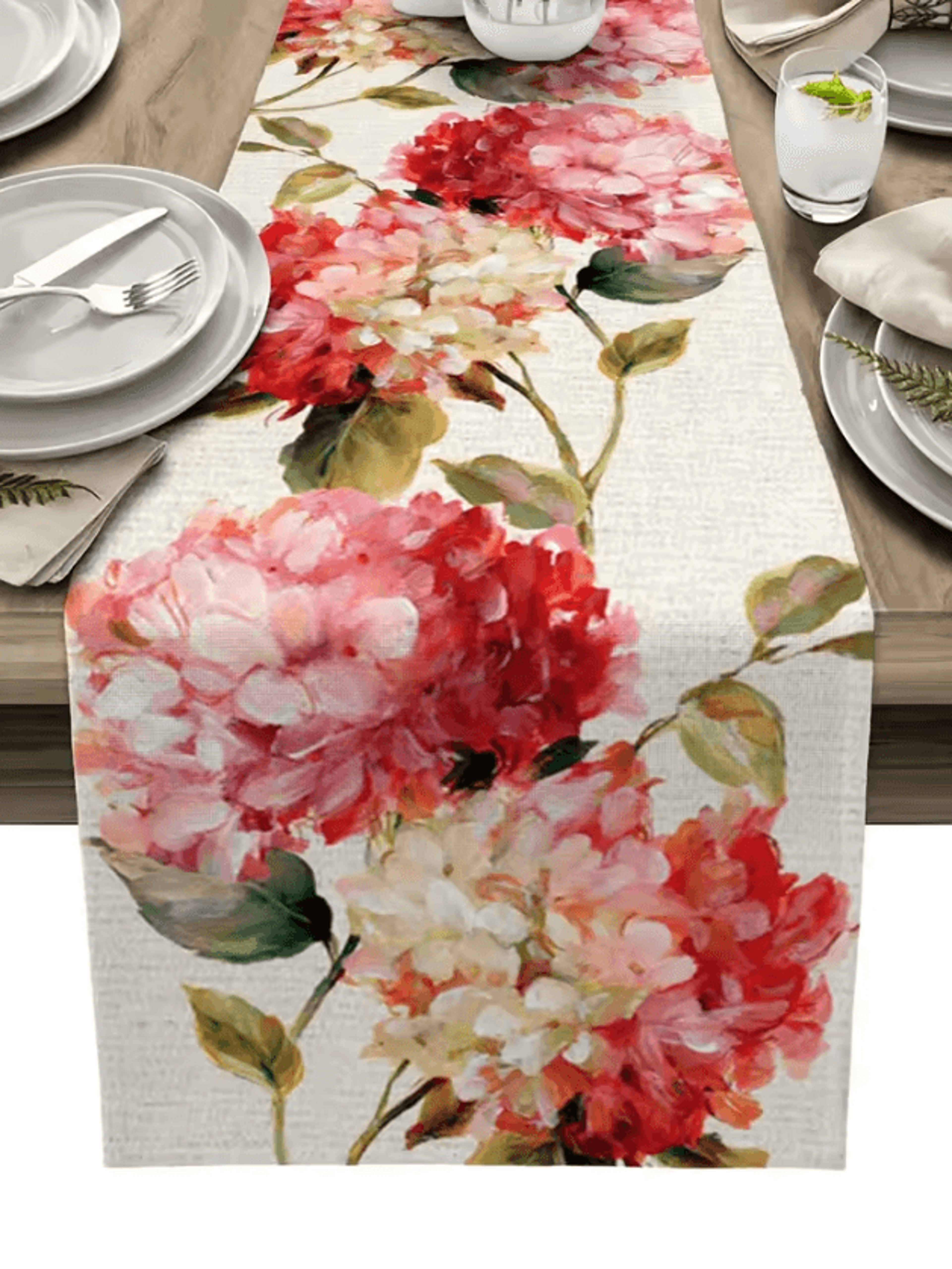 vintage tulip floral linen table runner – farmhouse oil painting style dining decor