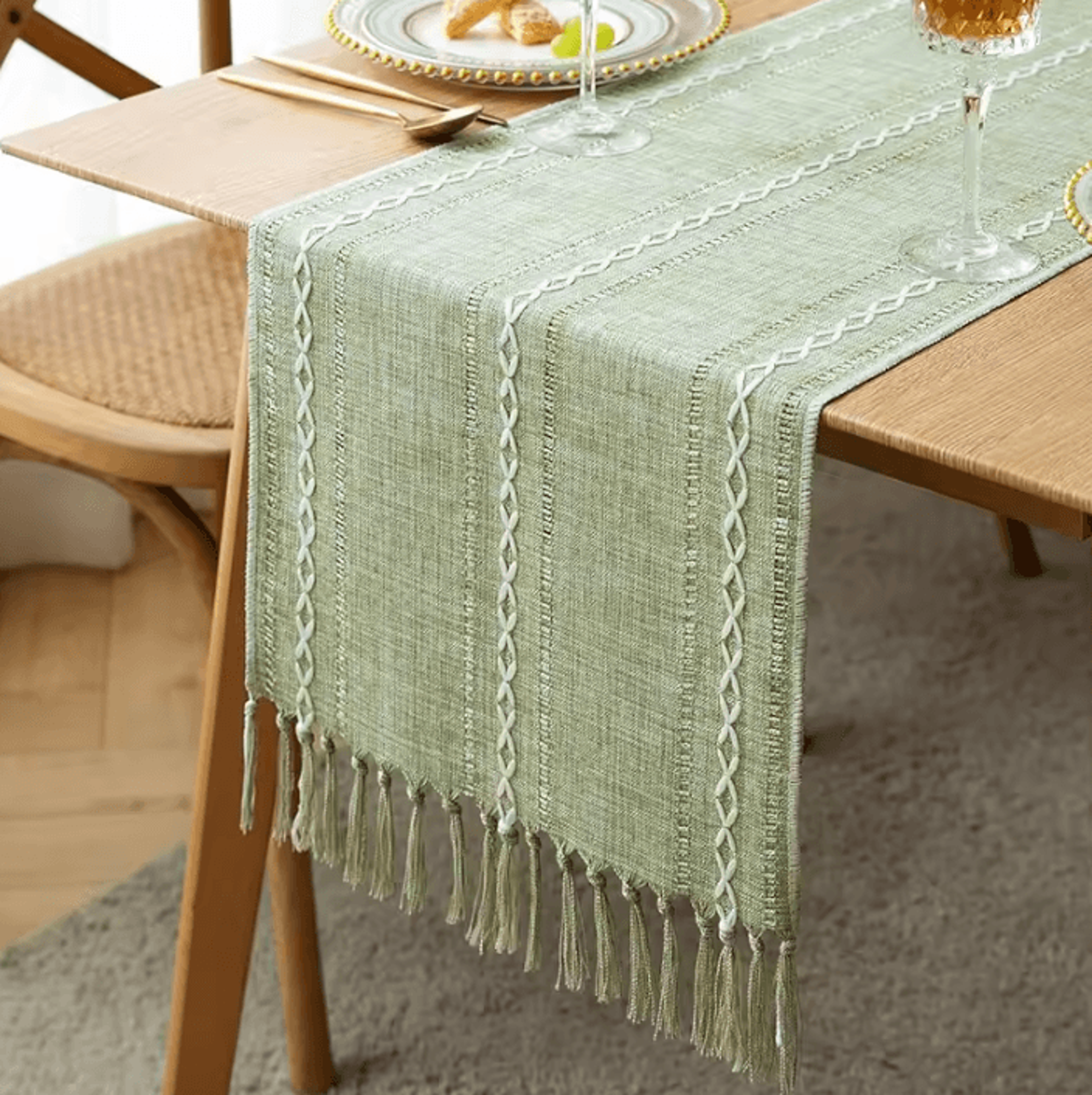 boho green table runner with tassels – rustic cotton linen farmhouse dining decor