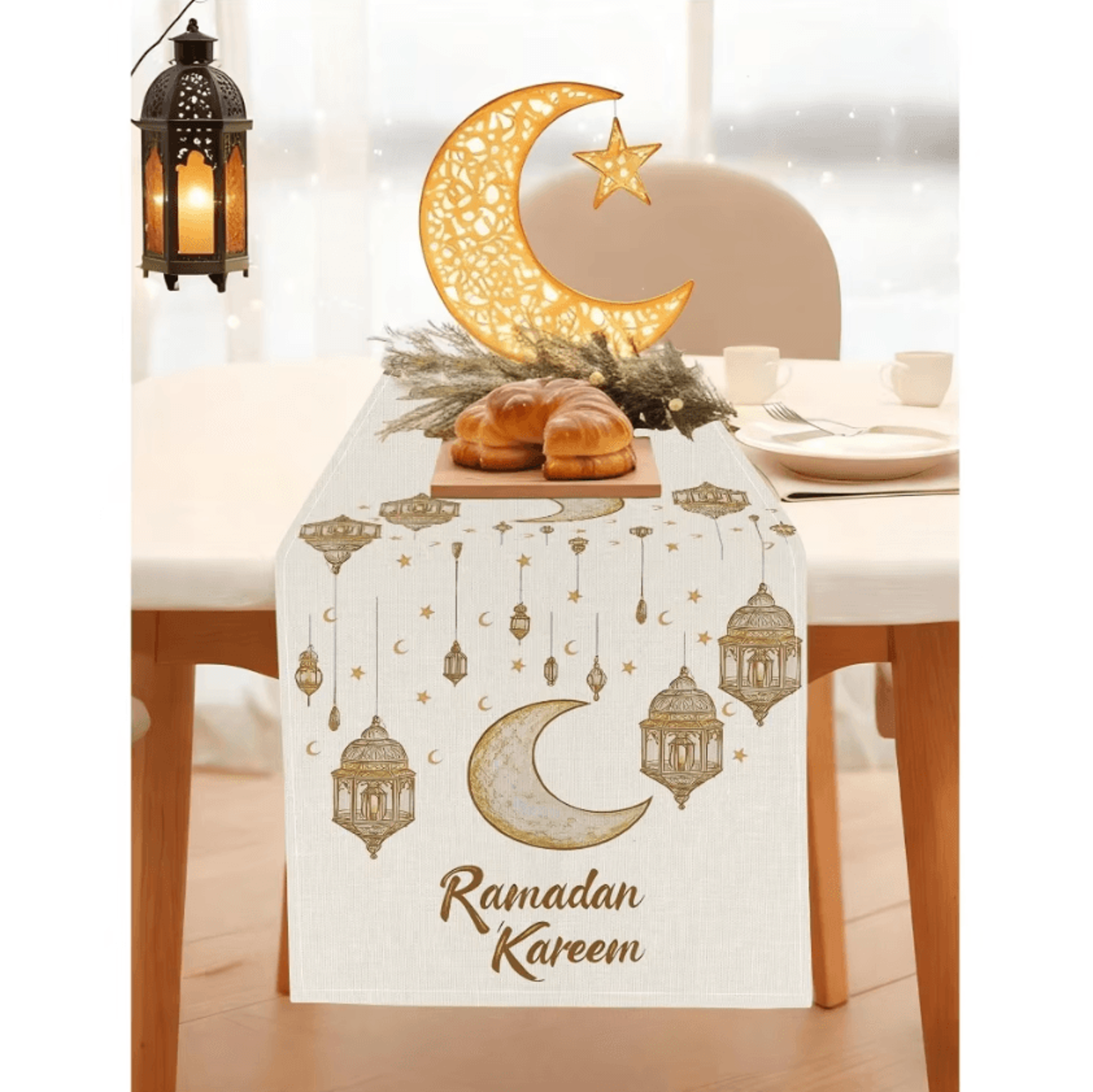 ramadan kareem linen table runner – moon, stars & lantern eid dining decor