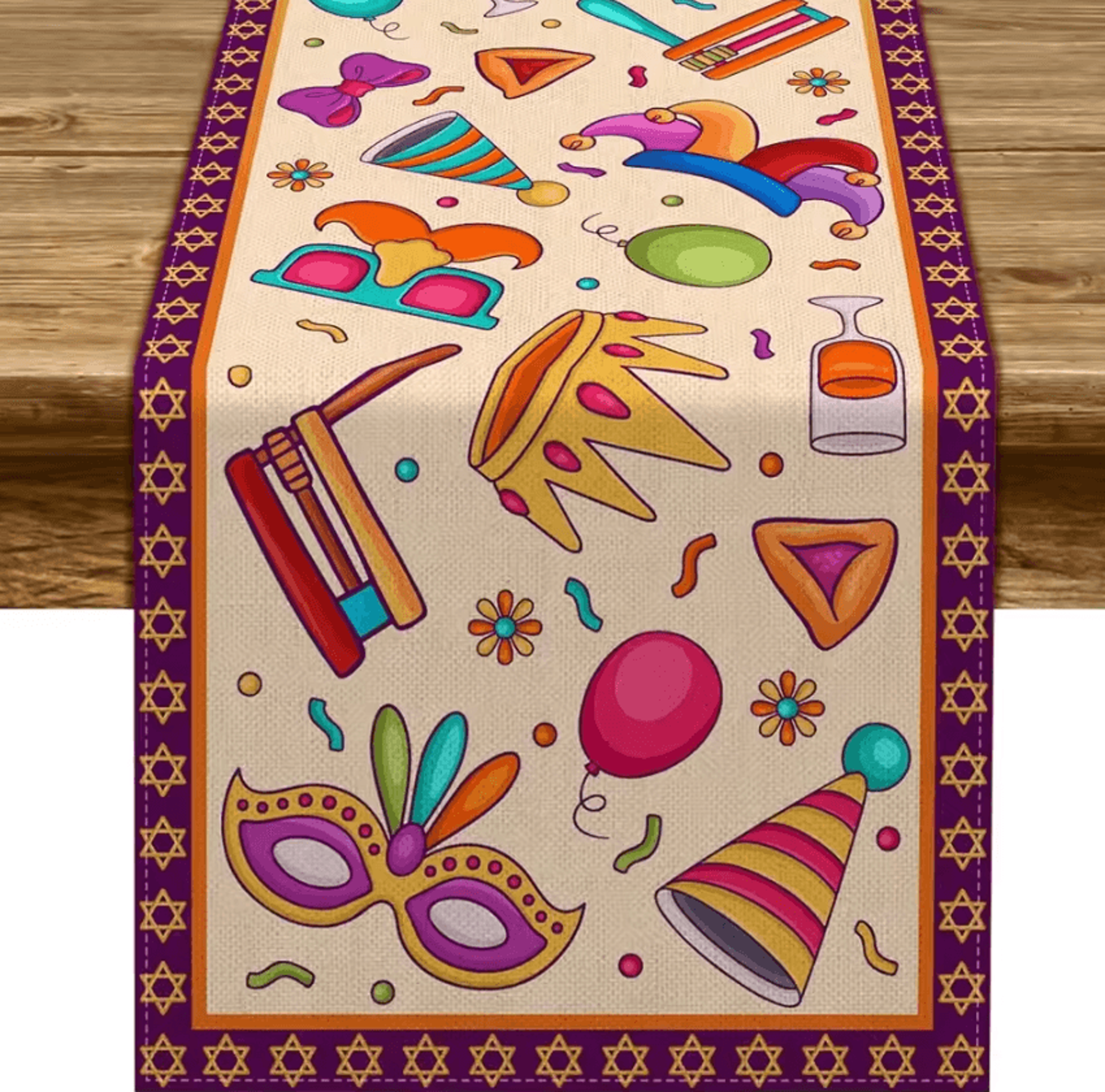 happy purim linen table runner – masquerade crown jewish holiday party table decor
